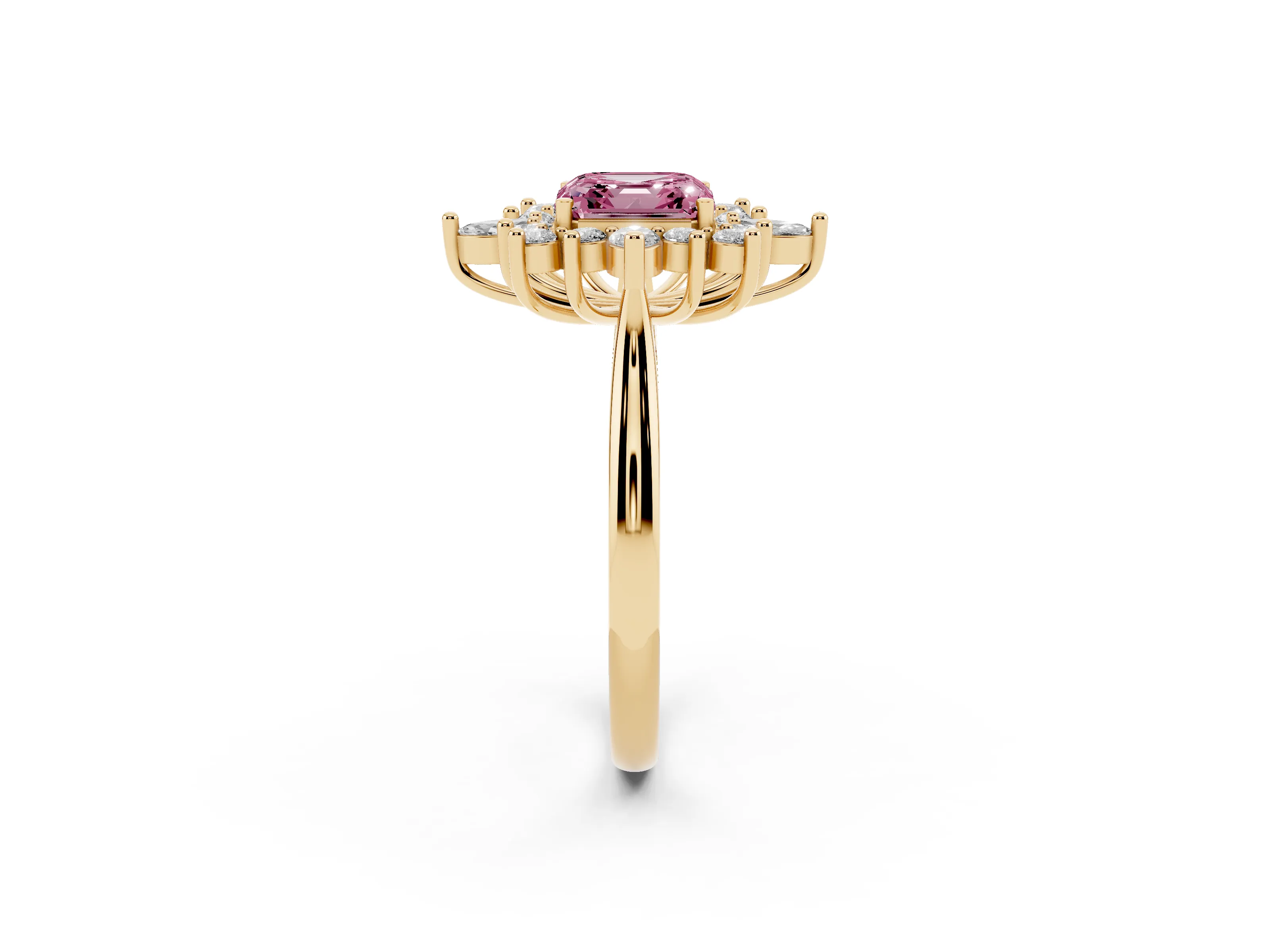 Fancy Pink Asscher Cut Diamond Cluster Halo Ring Set in Yellow gold with Marquise and Round Accents