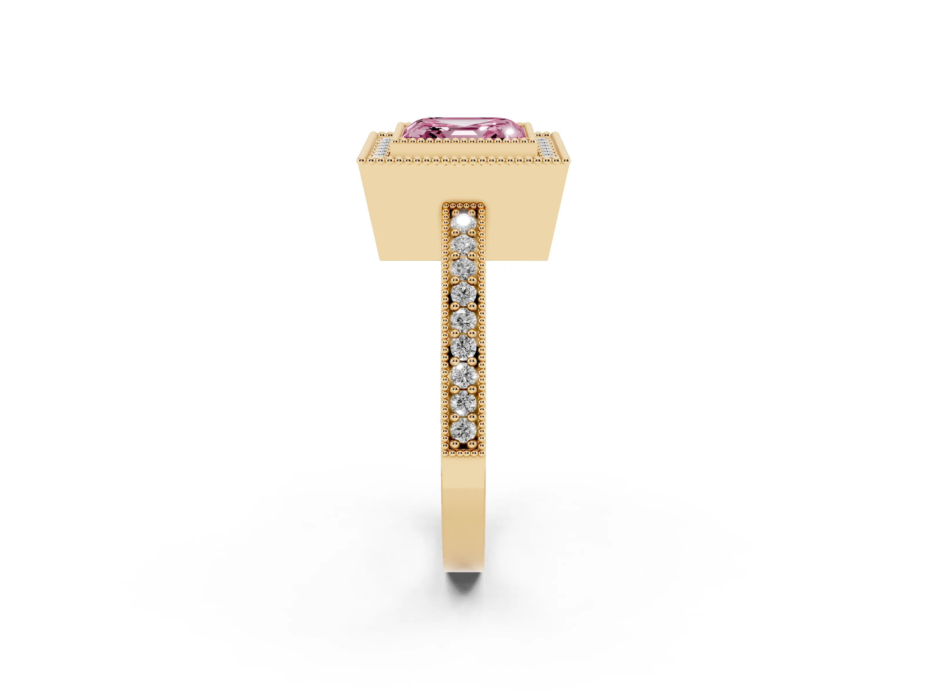 Fancy Pink Asscher Cut Diamond Halo Engagement Ring Set in Yellow gold with Pavé Band and Round Halo Stones