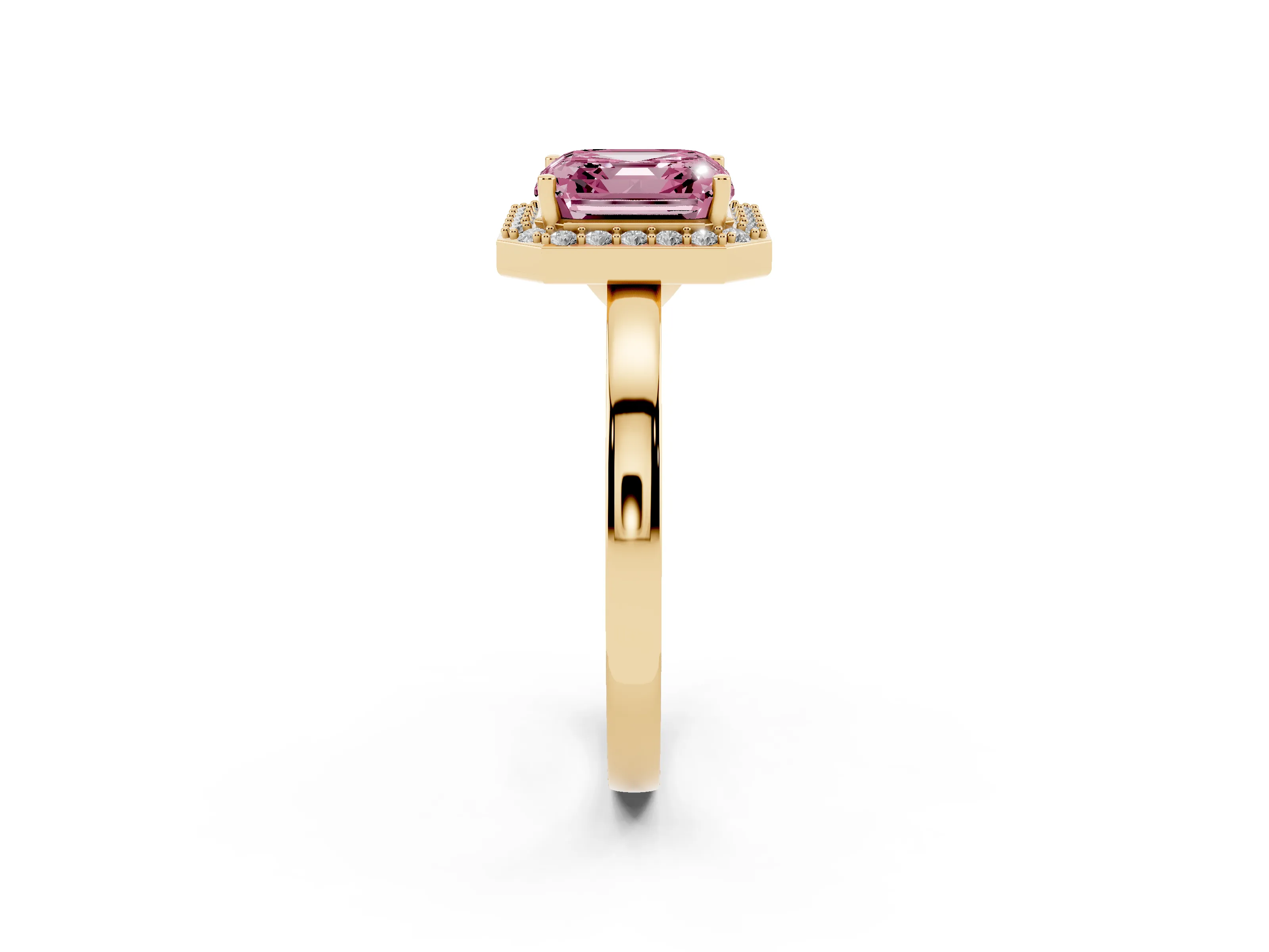 Fancy Pink Asscher Cut Diamond Halo Ring Set in Yellow gold with Solitaire Band and Prong Setting