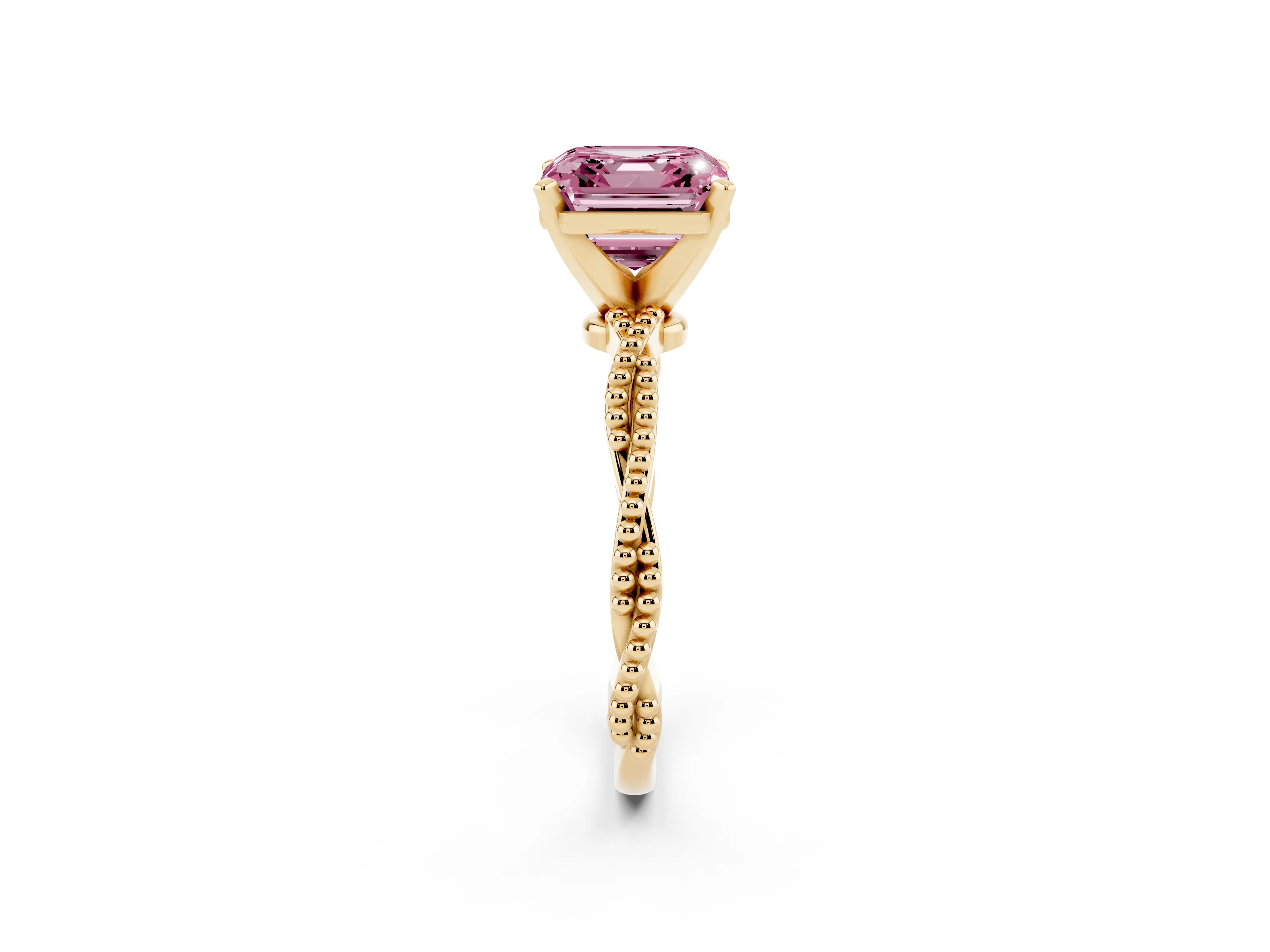Fancy Pink Asscher Cut Diamond Solitaire Ring Set in Yellow gold with Twisted Band and Bead Prong Setting