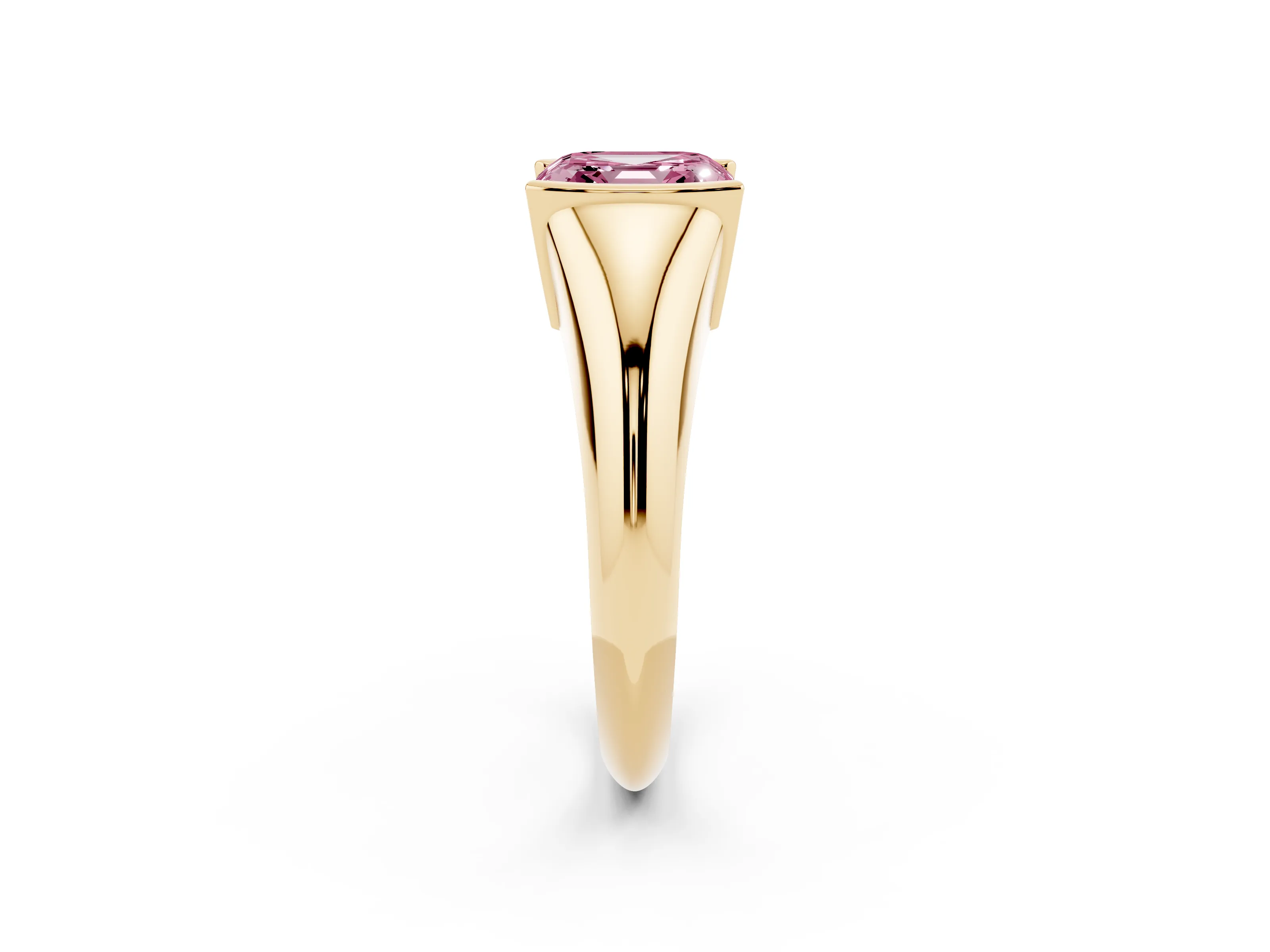 Fancy Pink Asscher Cut Diamond Solitaire Tension Set Ring Set in Yellow gold
