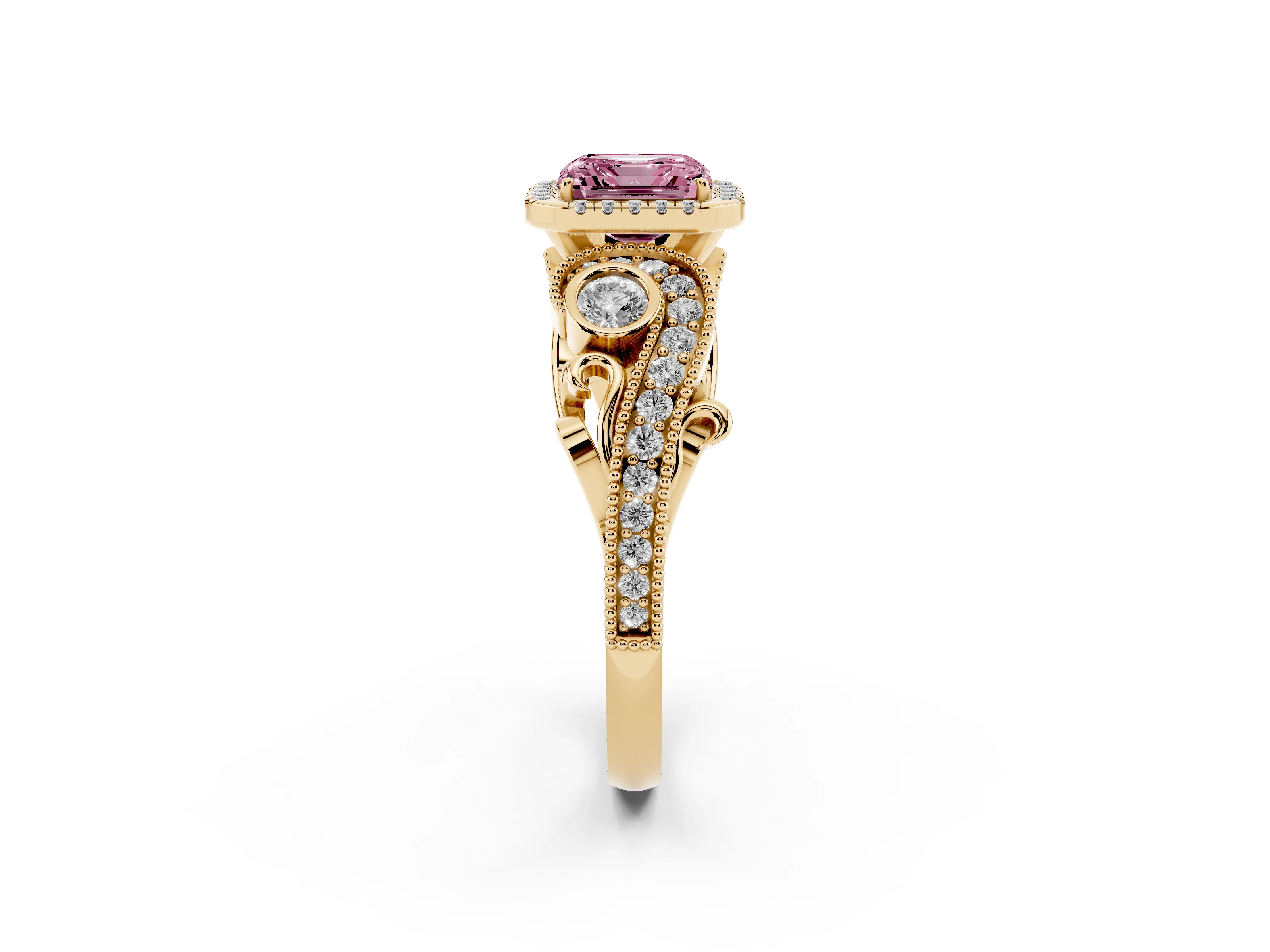 Fancy Pink Asscher Cut Diamond Halo Ring Set in Yellow gold with Milgrain Pavé Band and Prong Setting