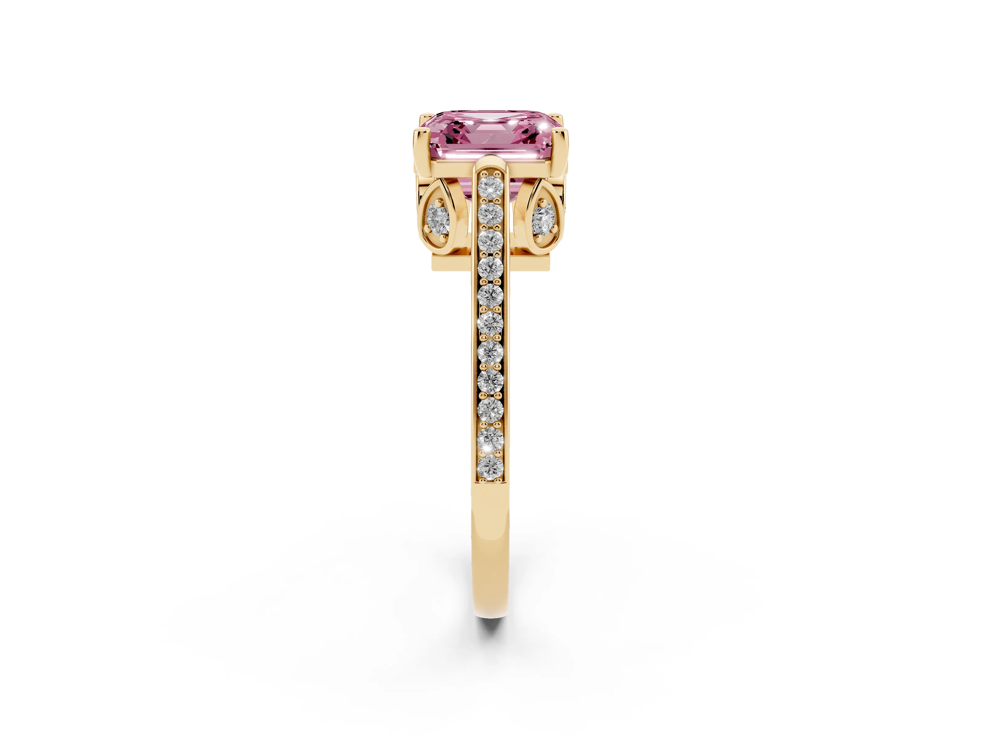 Fancy Pink Asscher Cut Diamond Cathedral Pavé Engagement Ring Set in Yellow gold with Prong Setting