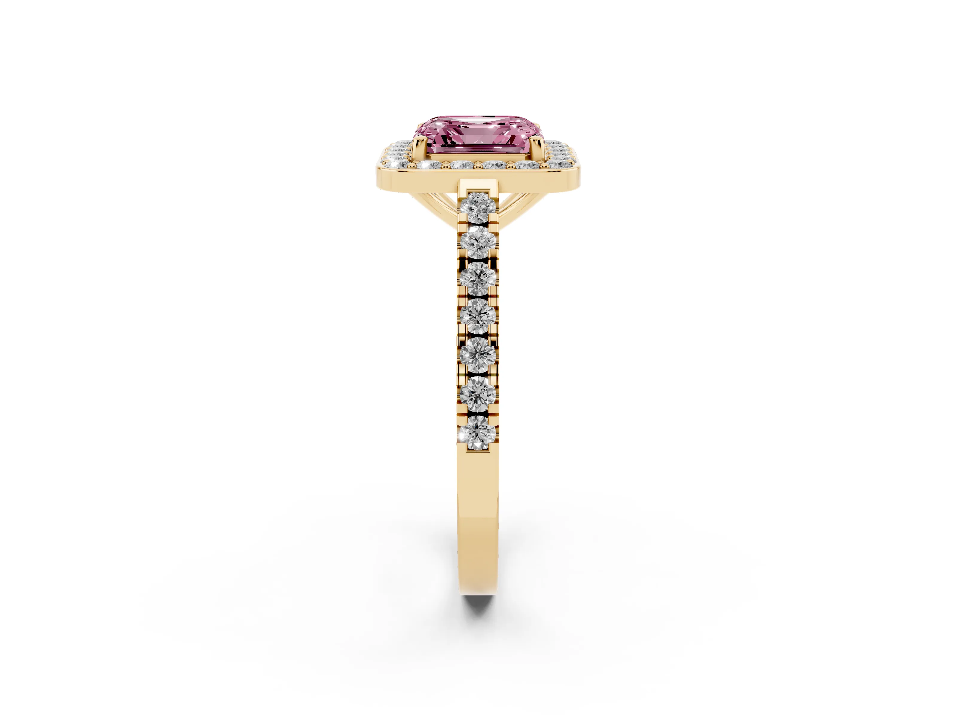 Fancy Pink Asscher Cut Diamond Halo Ring Set in Yellow gold with Round Pavé Split Shank and Prong Setting