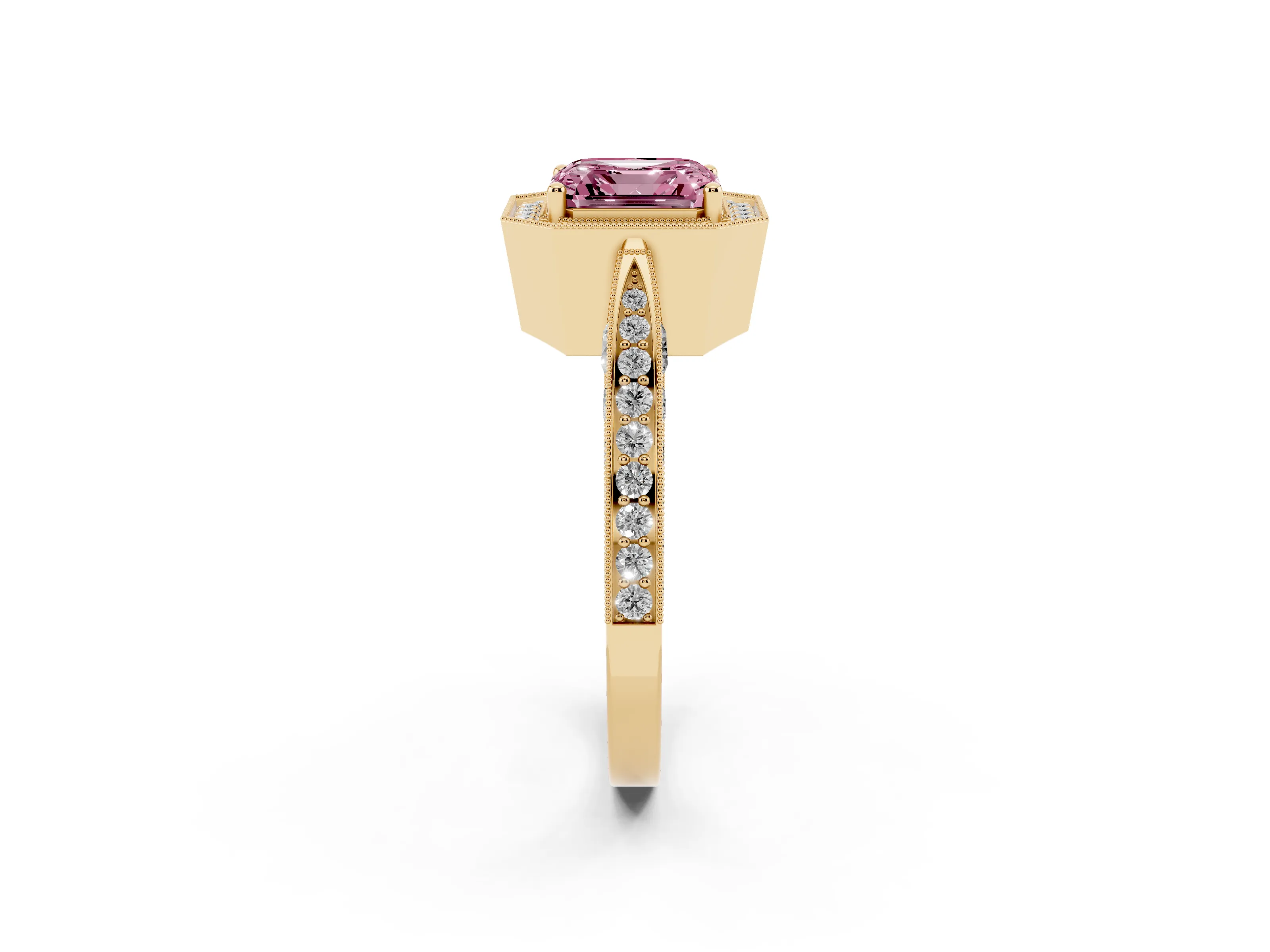 Fancy Pink Asscher Cut Diamond Halo Engagement Ring Set in Yellow gold with Accent Split Shank Band