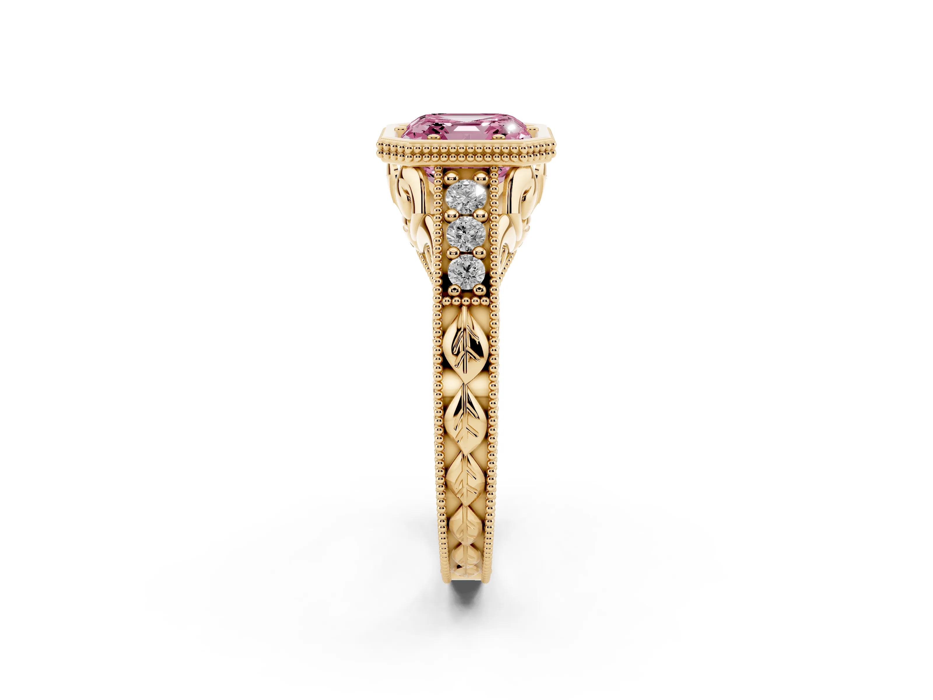 Fancy Pink Bezel Set Asscher Cut Diamond Milgrain Pavé Engagement Ring Set in Yellow gold