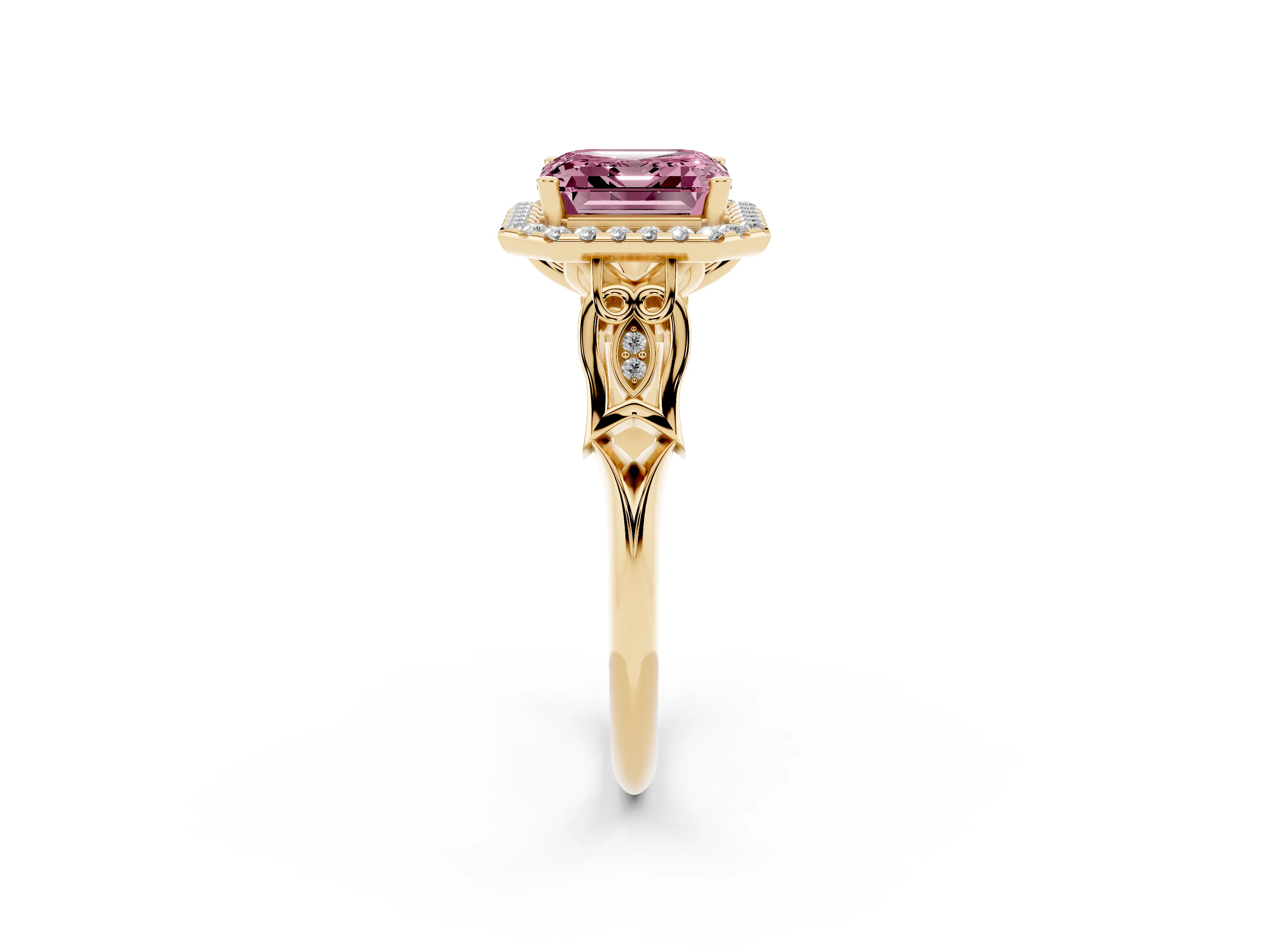 Fancy Pink Asscher Cut Diamond Halo Engagement Ring Set in Yellow gold with Filigree Band and Prong-Set Center