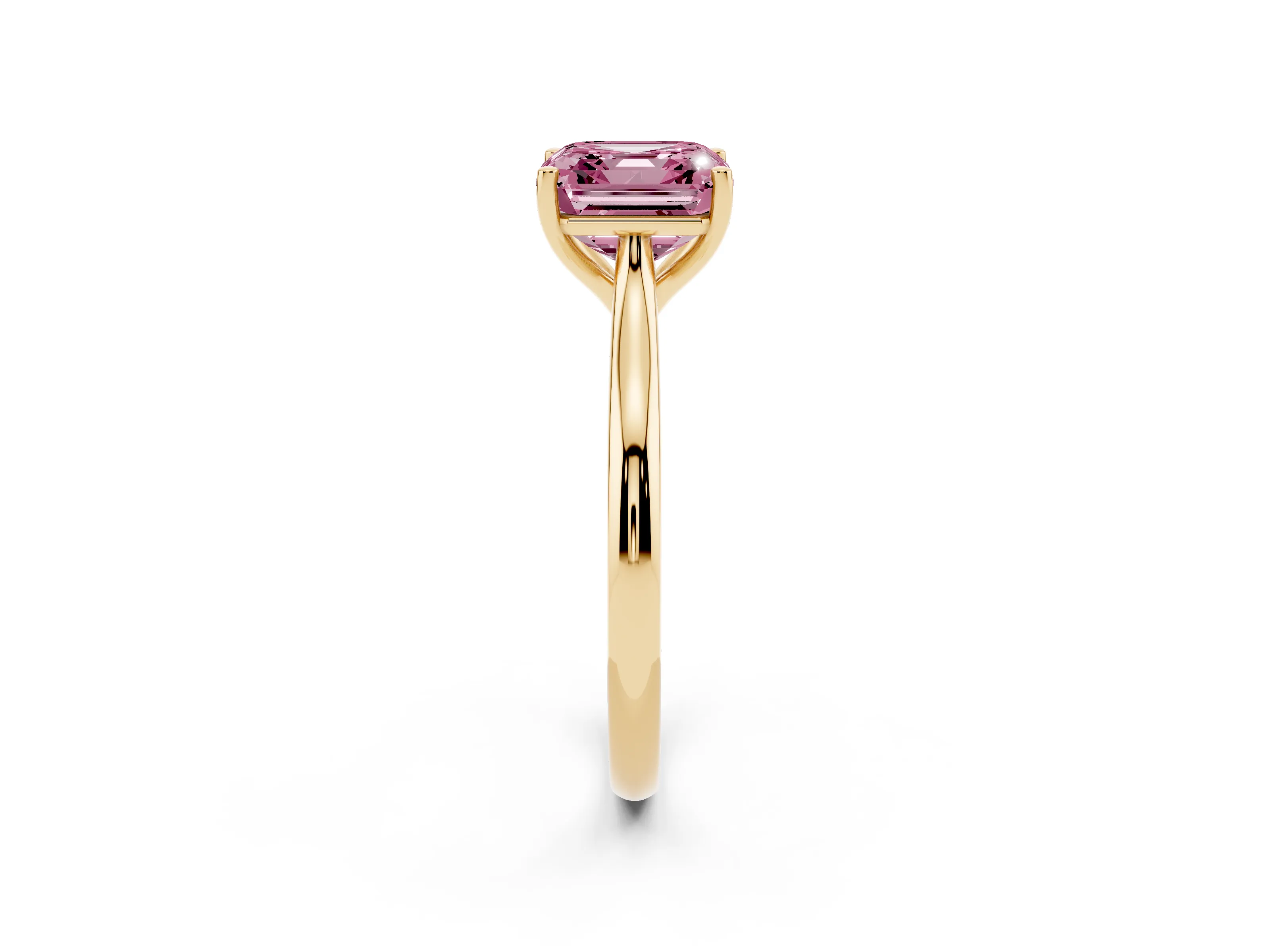 Fancy Pink Asscher Cut Diamond Solitaire Ring Set in Yellow gold with Cathedral Band and Prong Setting