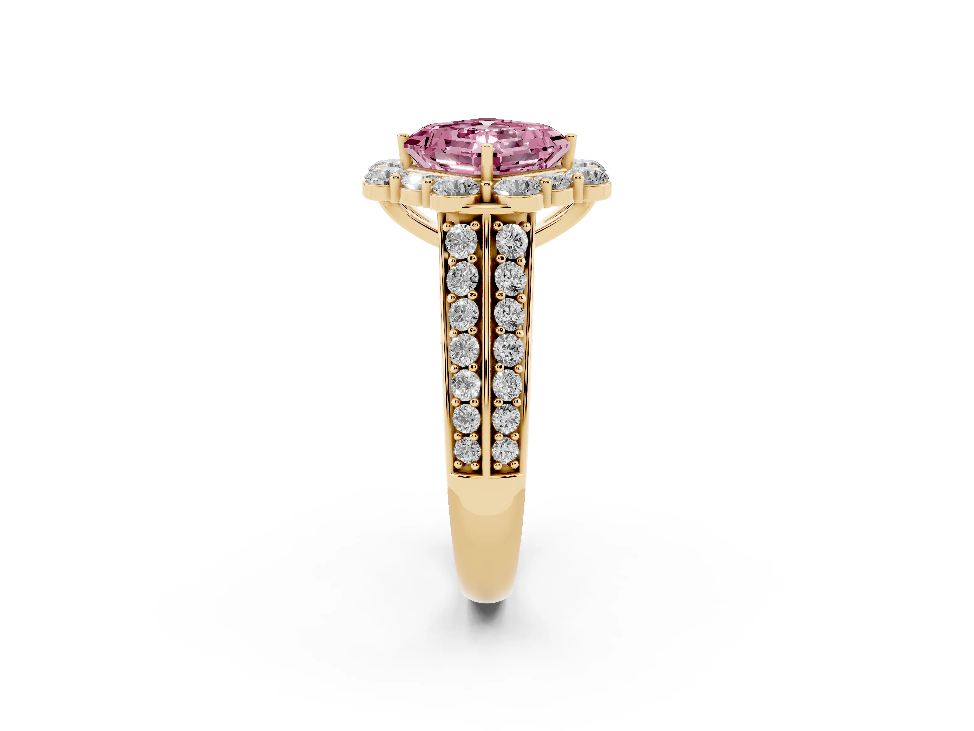 Fancy Pink Asscher Cut Diamond Halo Engagement Ring Set in Yellow gold with Split Shank and Prong Setting