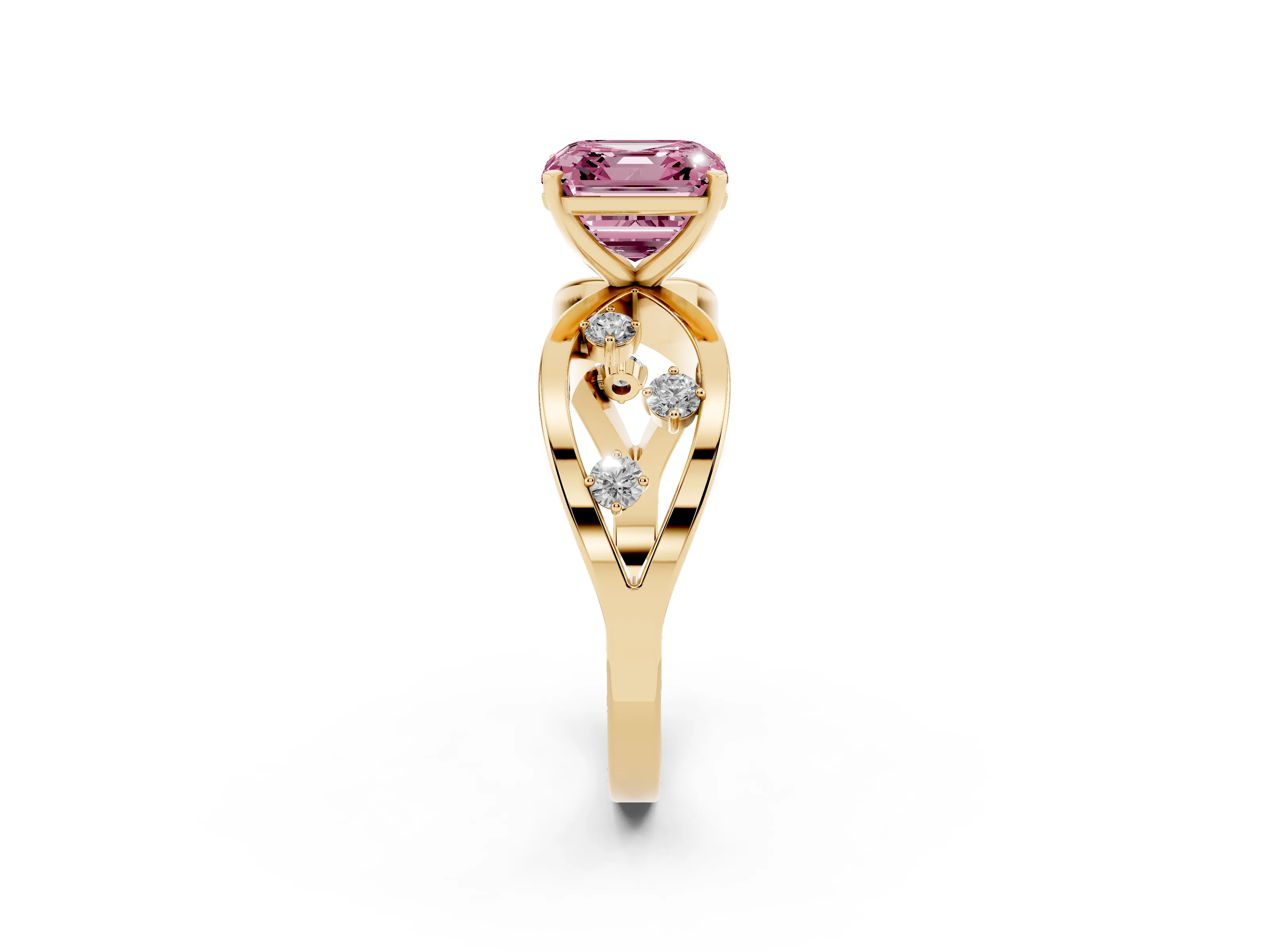 Fancy Pink Asscher Cut Diamond Solitaire Ring Set in Yellow gold with Side Stones on Criss-Cross Band and Prong Setting