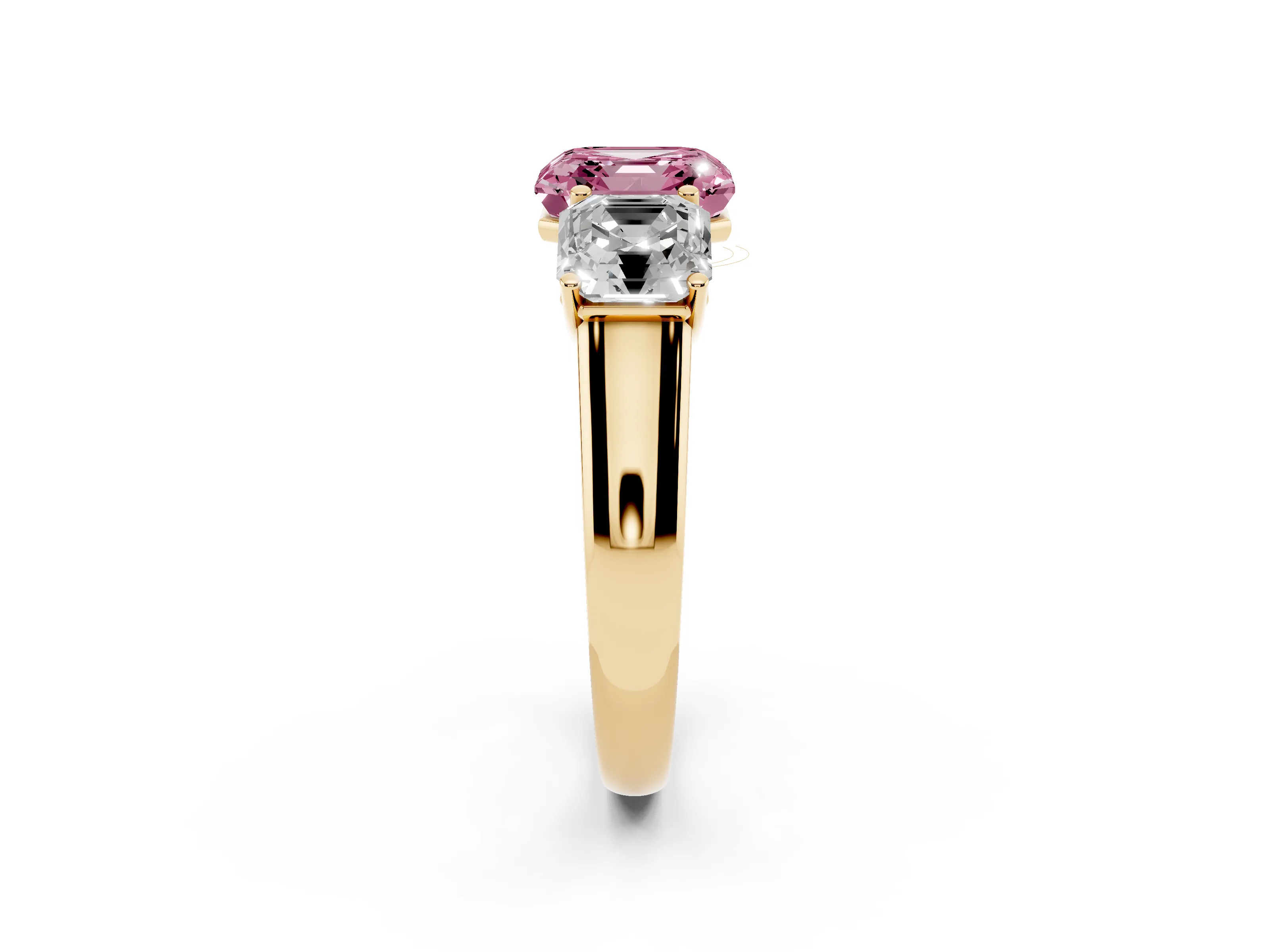 Fancy Pink Asscher Cut Diamond Three-Stone Ring Set in Yellow gold with Plain Polished Band