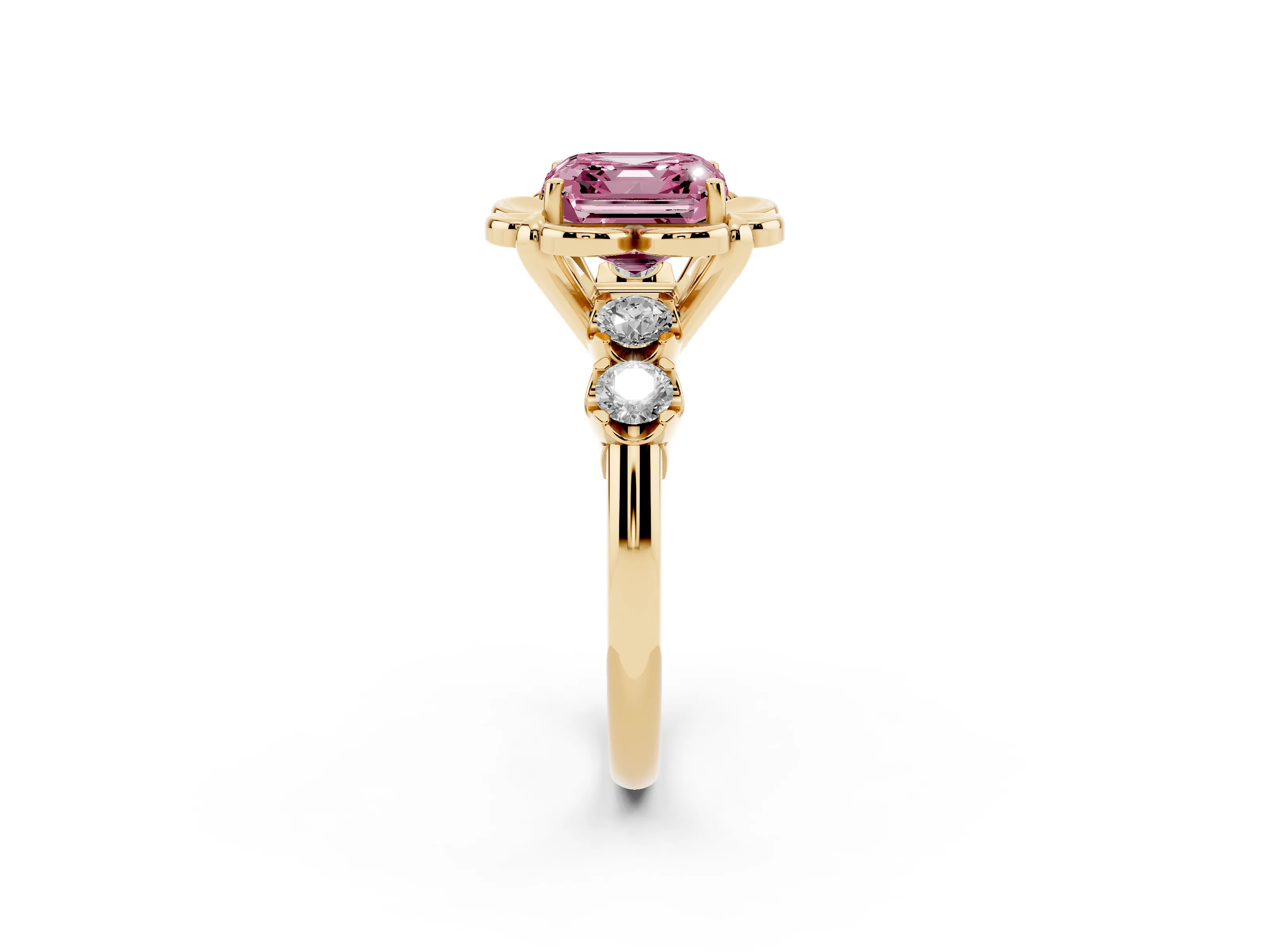 Fancy Pink Asscher Cut Diamond Floral Halo Ring Set in Yellow gold with Shared Prong Band