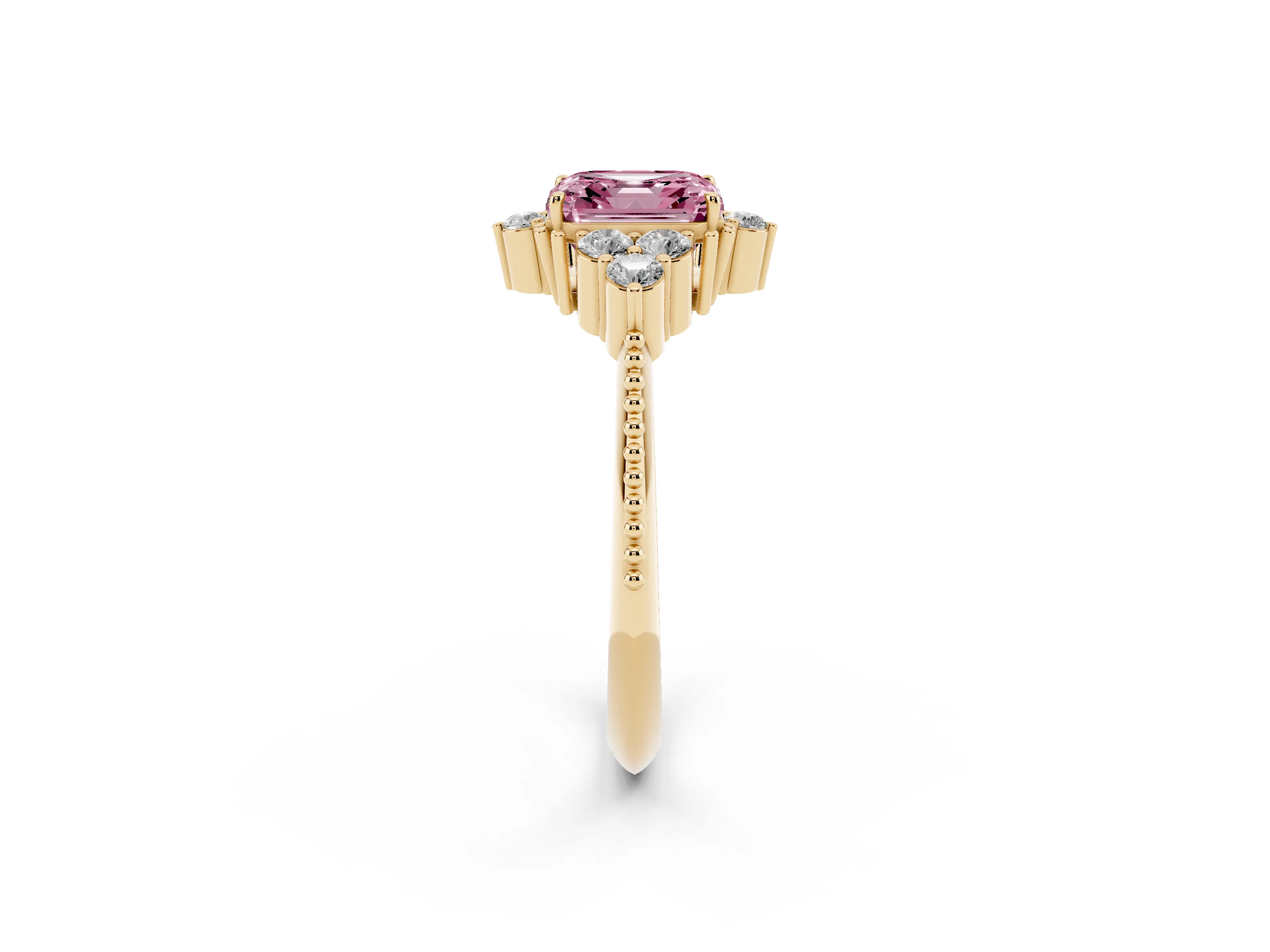 Fancy Pink Asscher Cut Diamond Cluster Ring Set in Yellow gold with Beaded Band