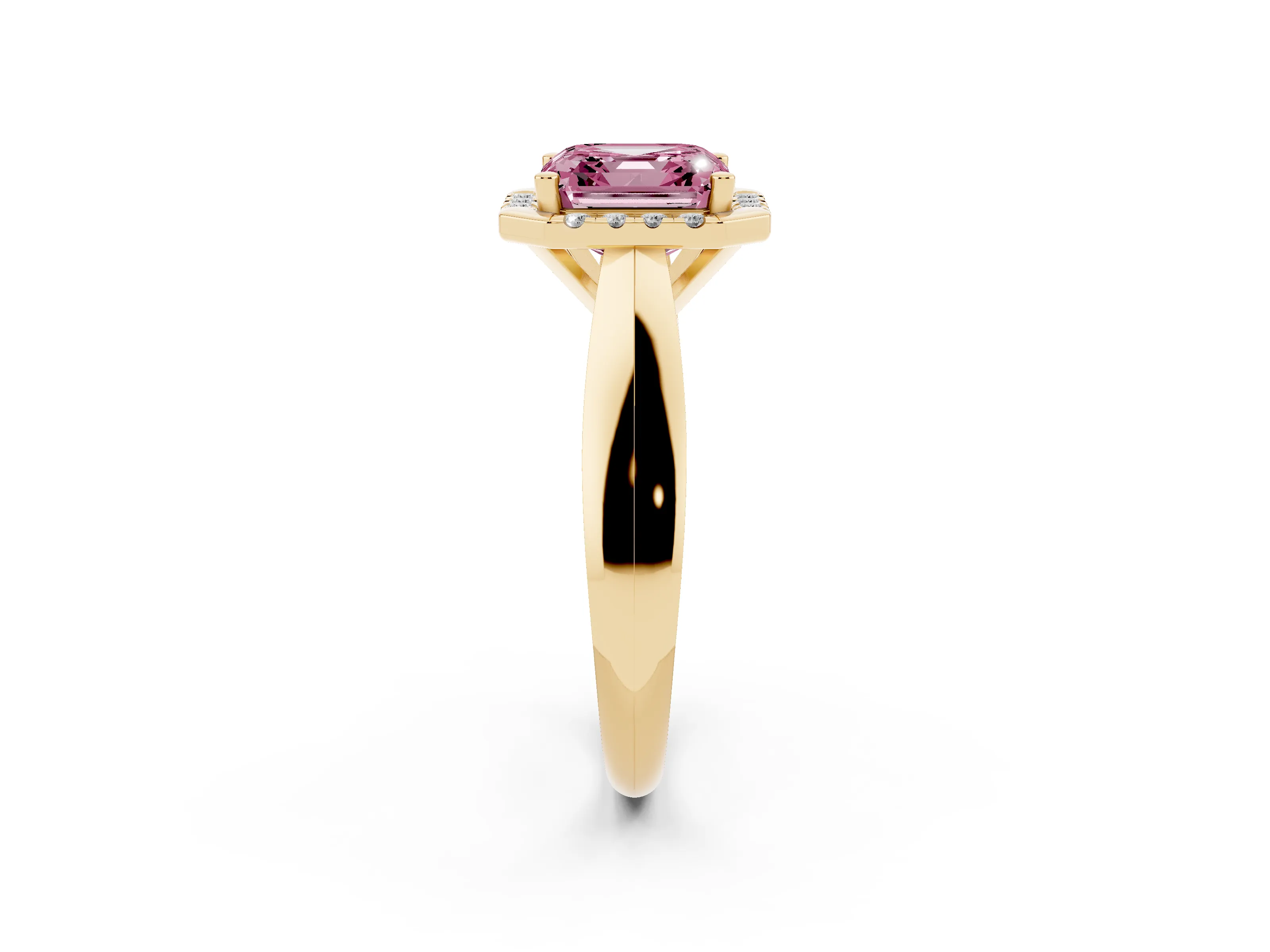 Fancy Pink Asscher Cut Diamond Halo Solitaire Engagement Ring Set in Yellow gold with Square Band and Prong Setting