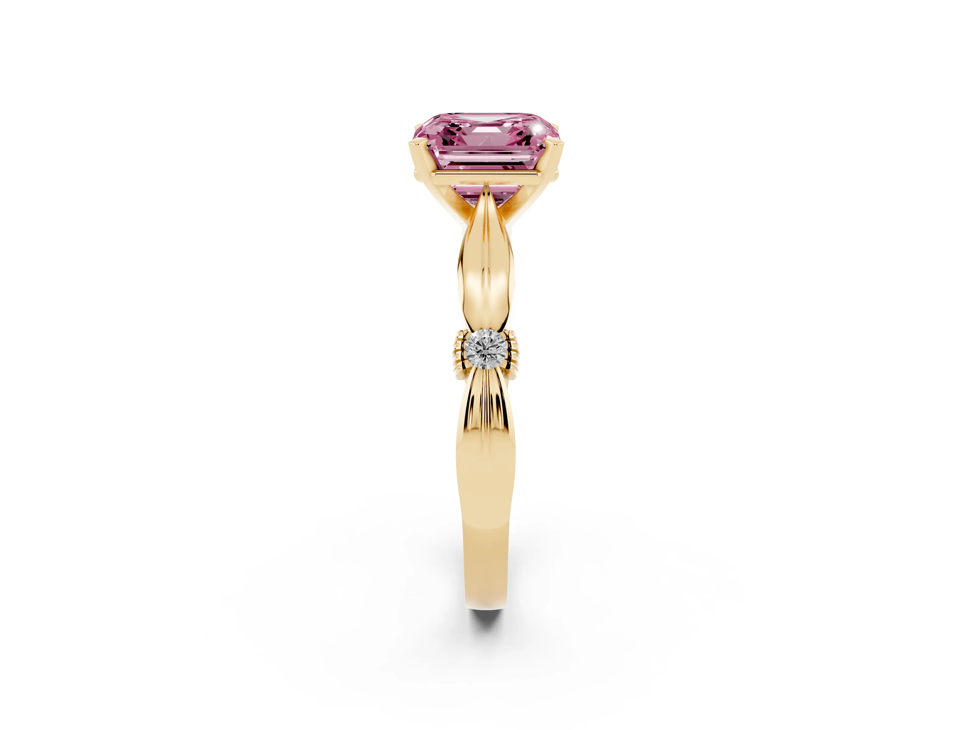 Fancy Pink Asscher Cut Diamond Solitaire Twisted Band Ring Set in Yellow gold with Accent Stones and Prong Setting