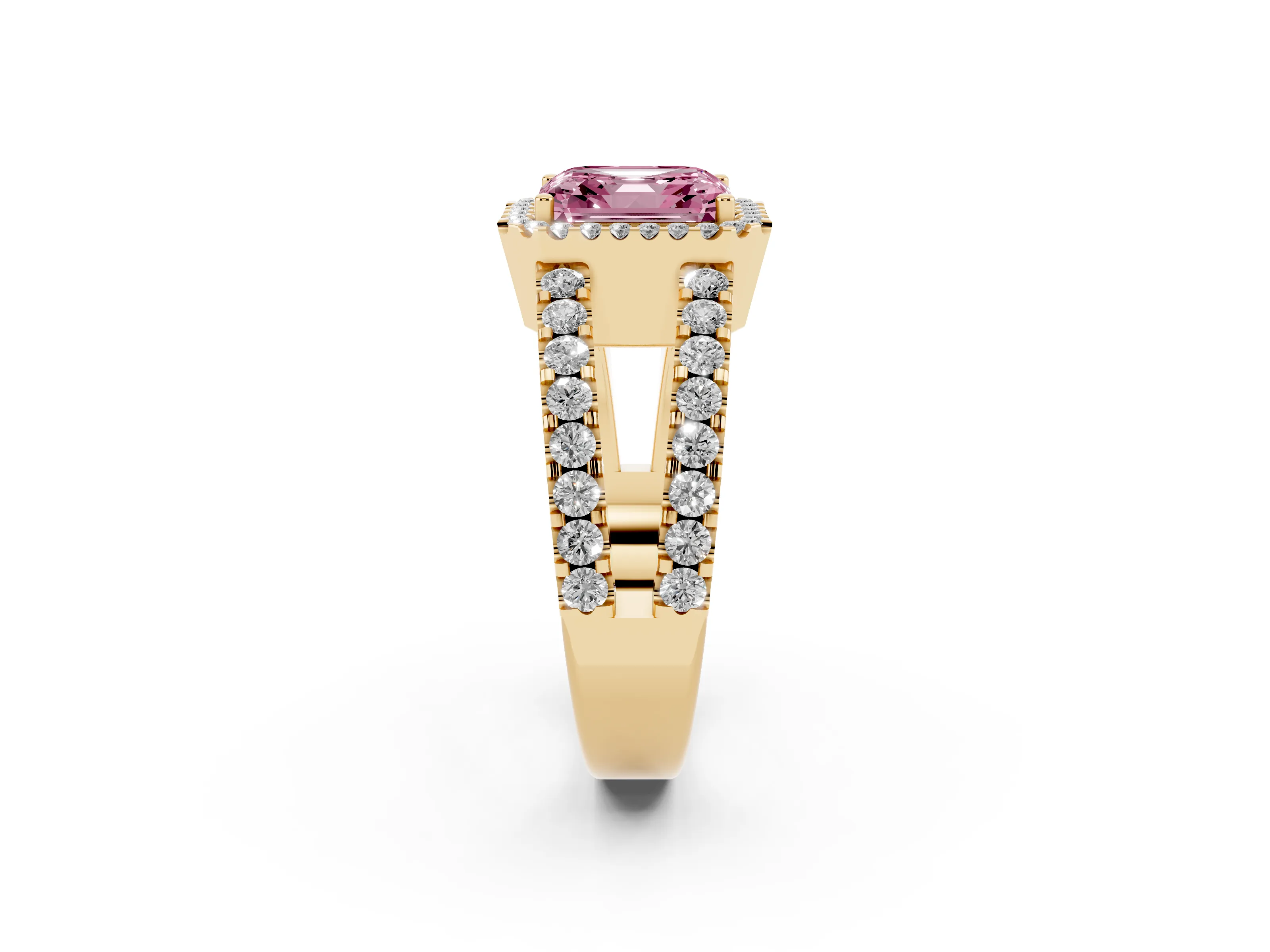 Fancy Pink Asscher Cut Diamond Halo Ring Set in Yellow gold with Pavé Split Shank and Prong Setting
