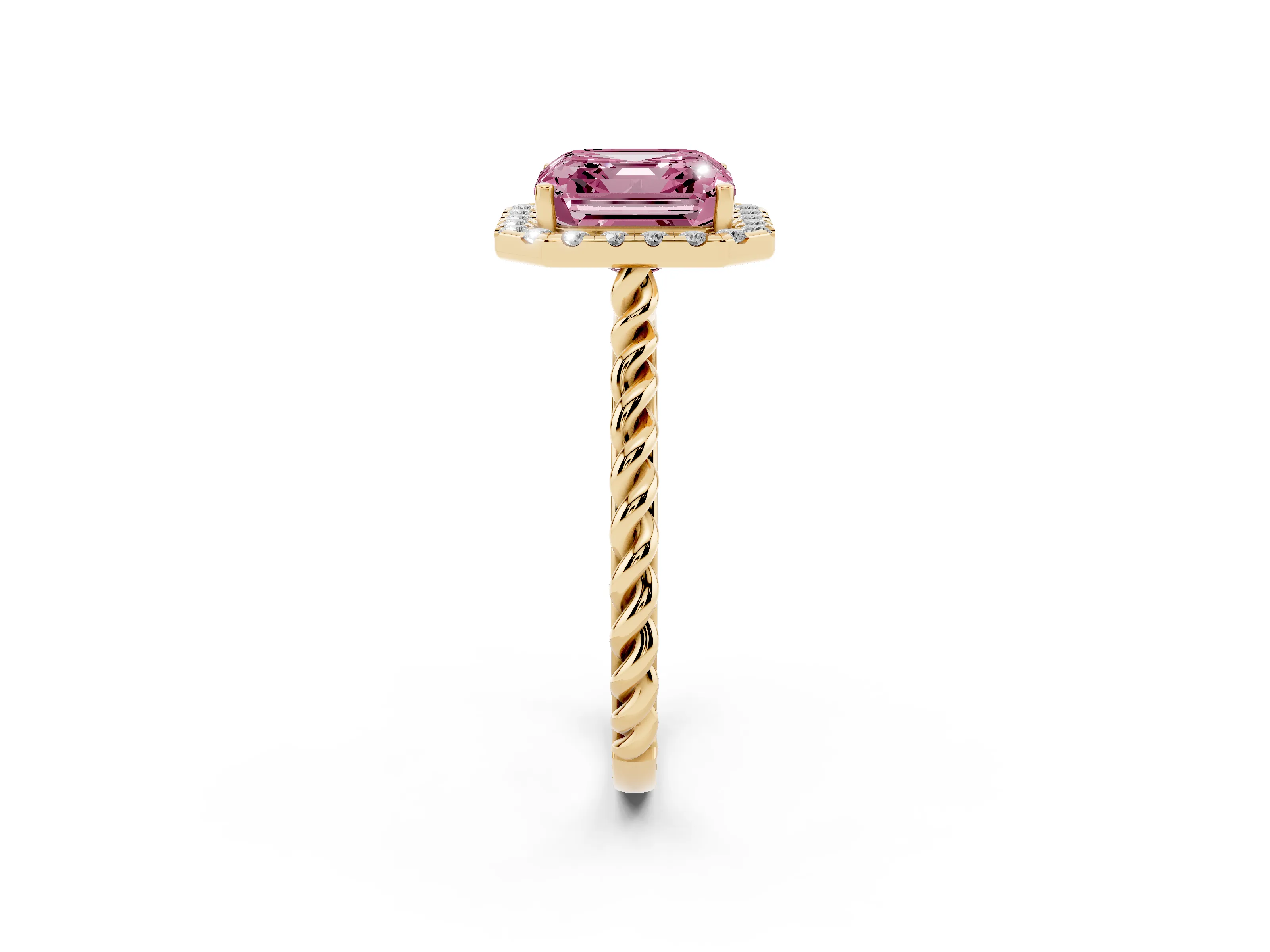 Fancy Pink Asscher Cut Diamond Halo Ring Set in Yellow gold with Plain Twisted Band