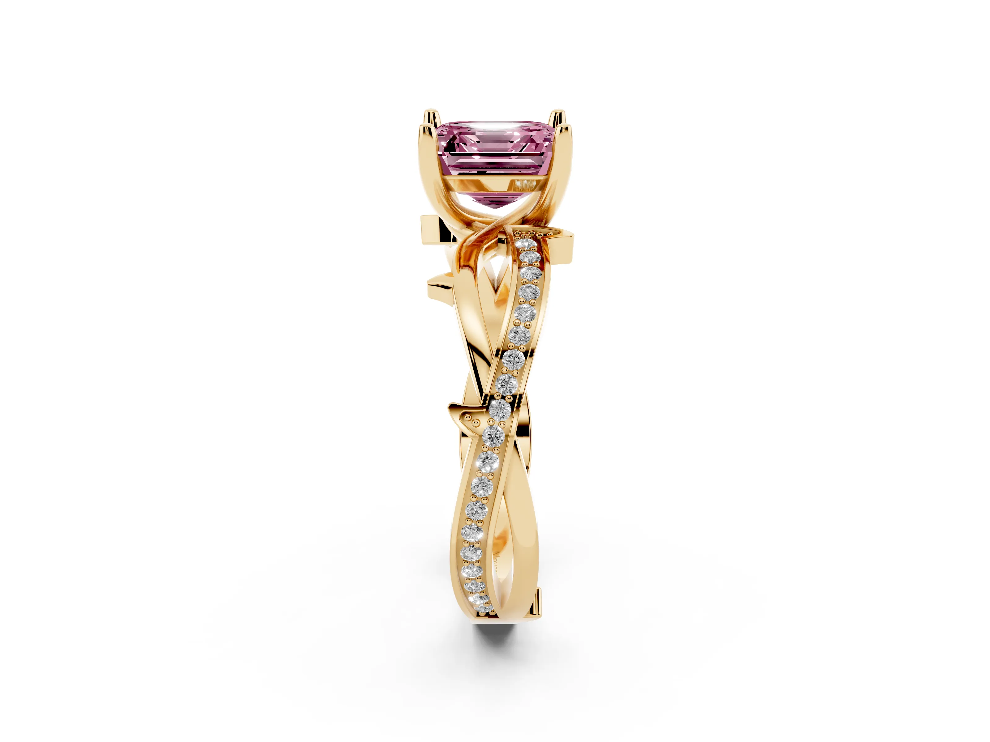 Fancy Pink Asscher Cut Diamond Pavé Twist Band Solitaire Ring Set in Yellow gold with Prong Setting