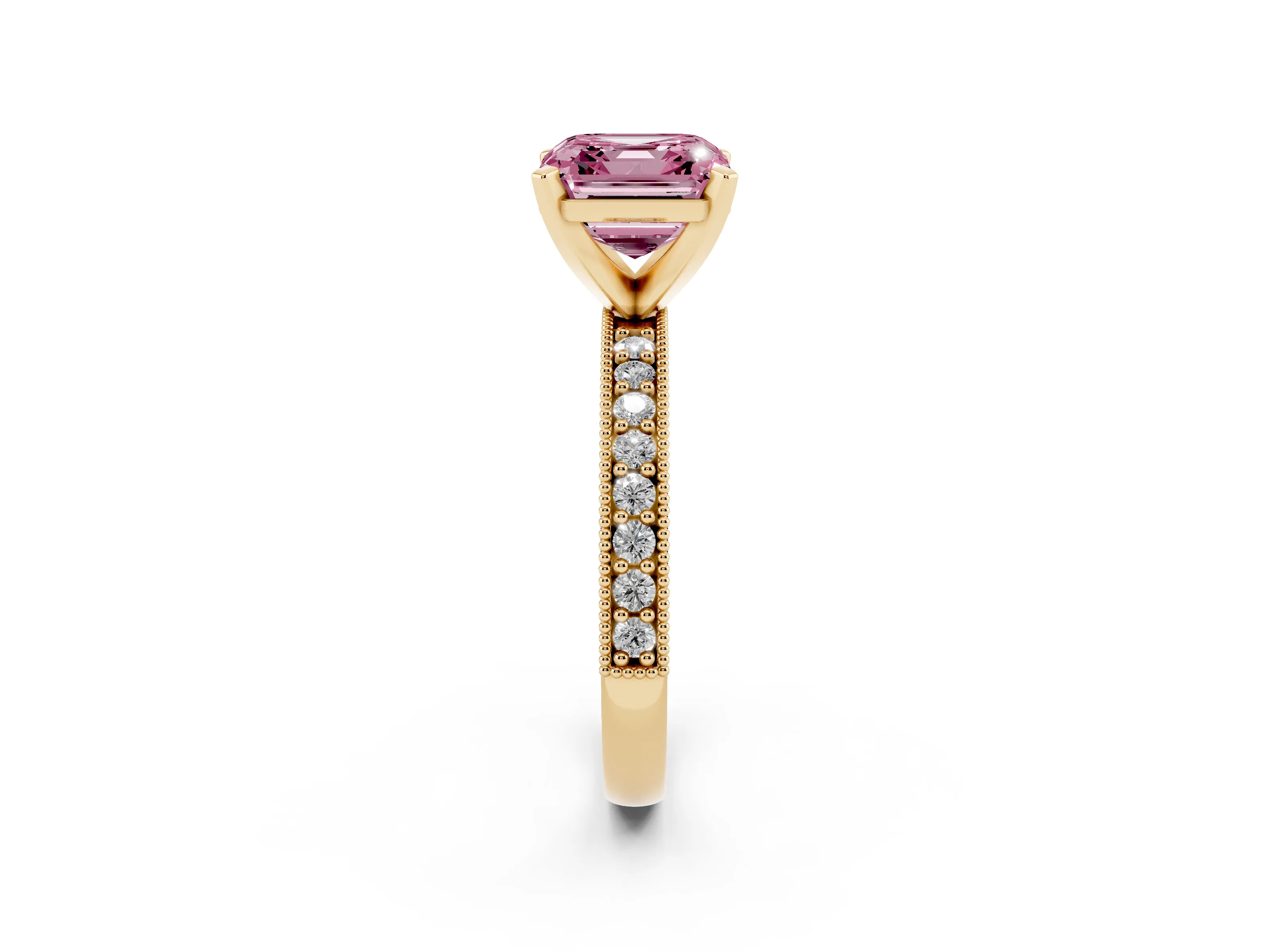 Fancy Pink Asscher Cut Diamond Milgrain Pavé Engagement Ring Set in Yellow gold with Prong Setting