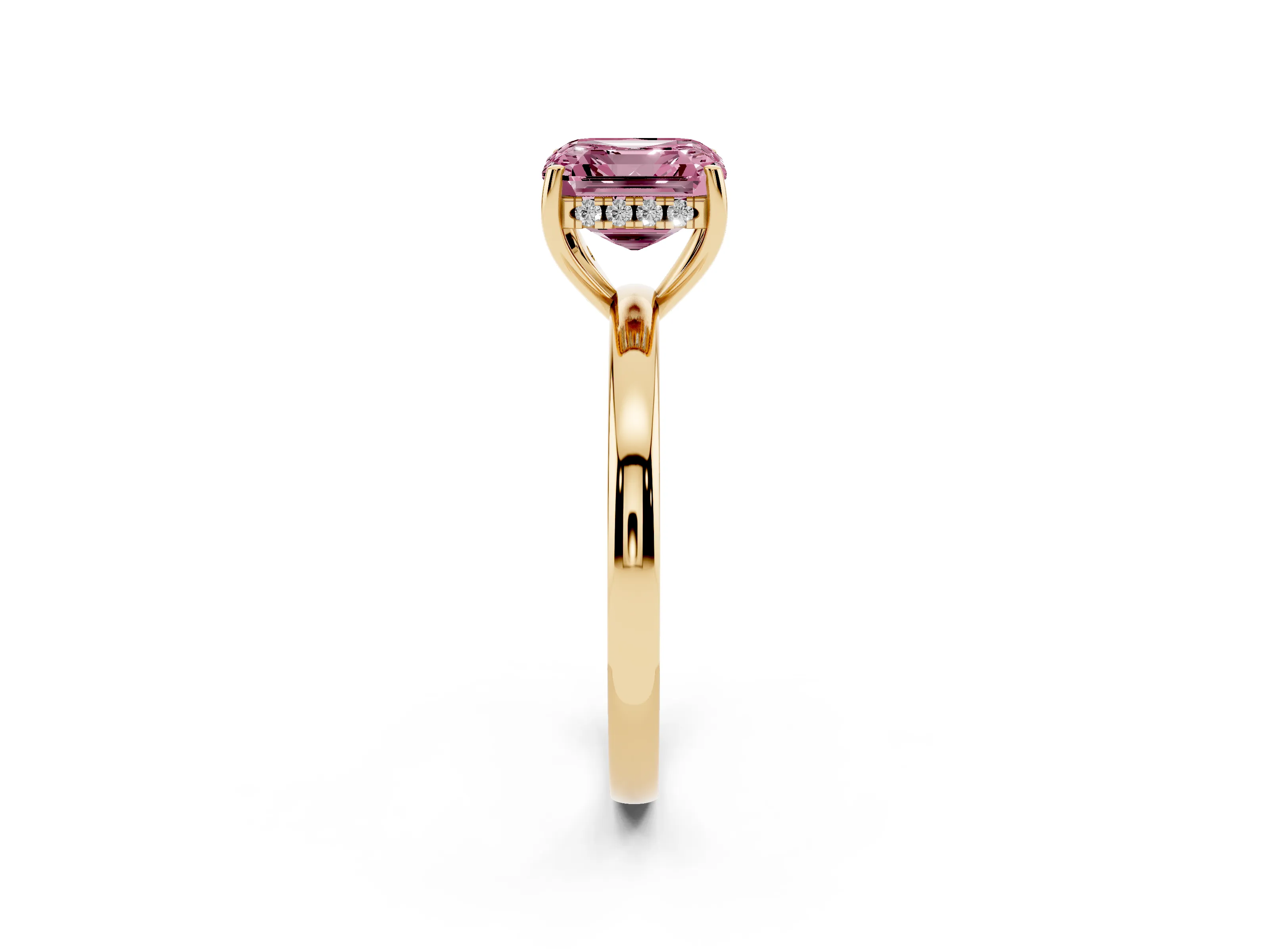 Fancy Pink Asscher Cut Diamond Solitaire Ring Set in Yellow gold with Plain Band and Prong Setting