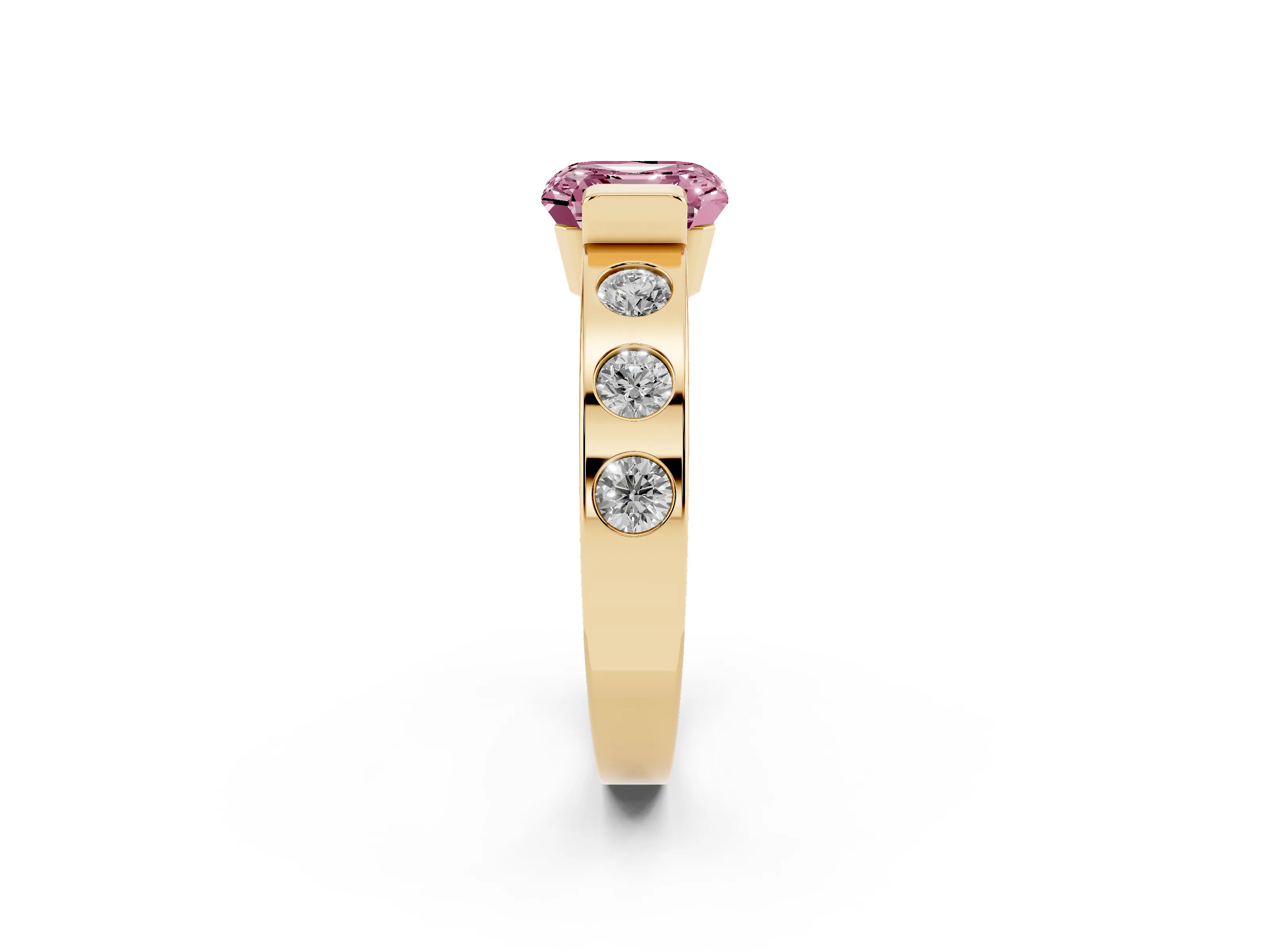 Fancy Pink Asscher Cut Diamond Channel-Set Band Ring Set in Yellow gold with Bezel Prong Setting