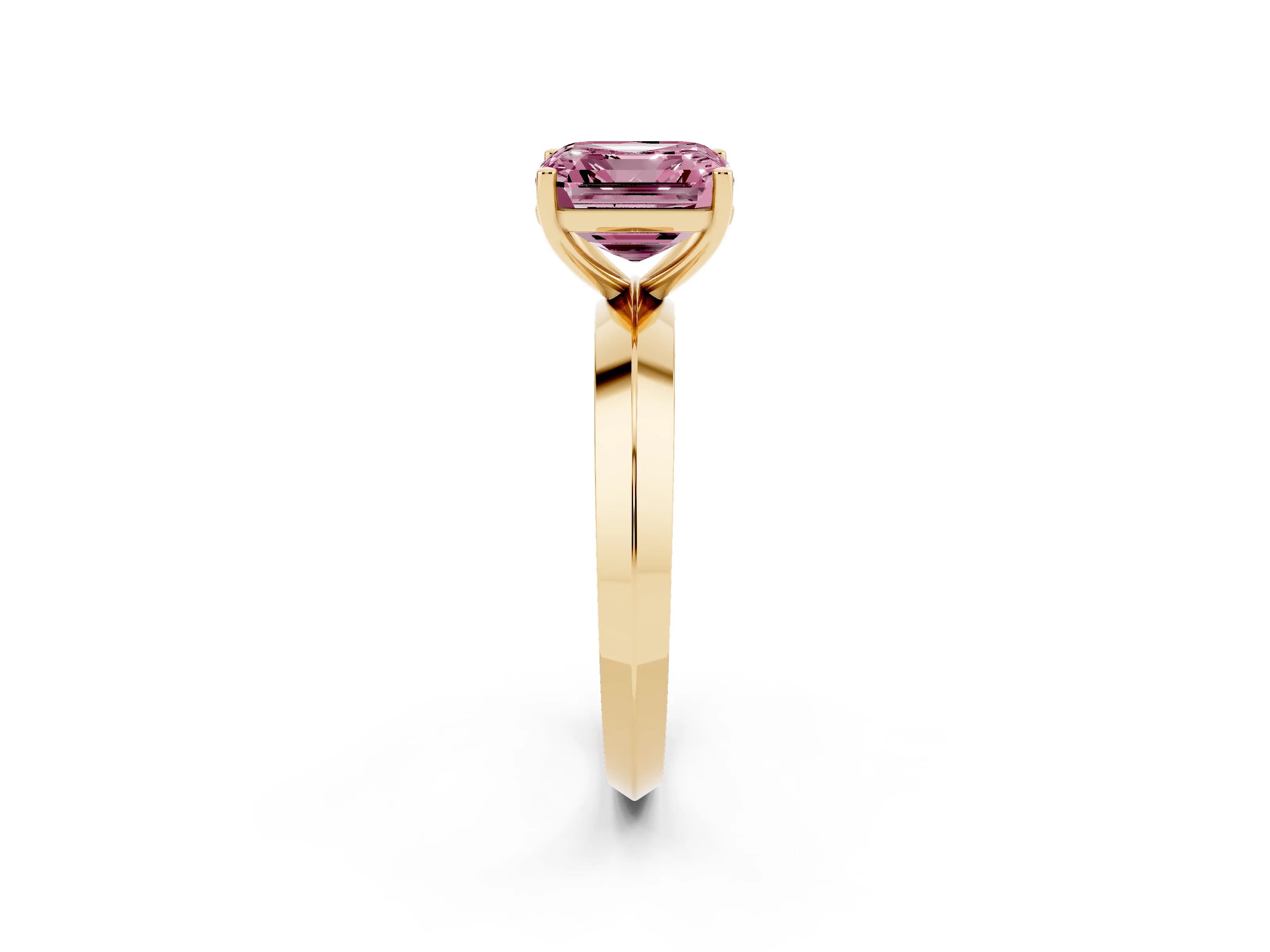 Fancy Pink Asscher Cut Diamond Solitaire Engagement Ring Set in Yellow gold with Flat Band and Prong Setting