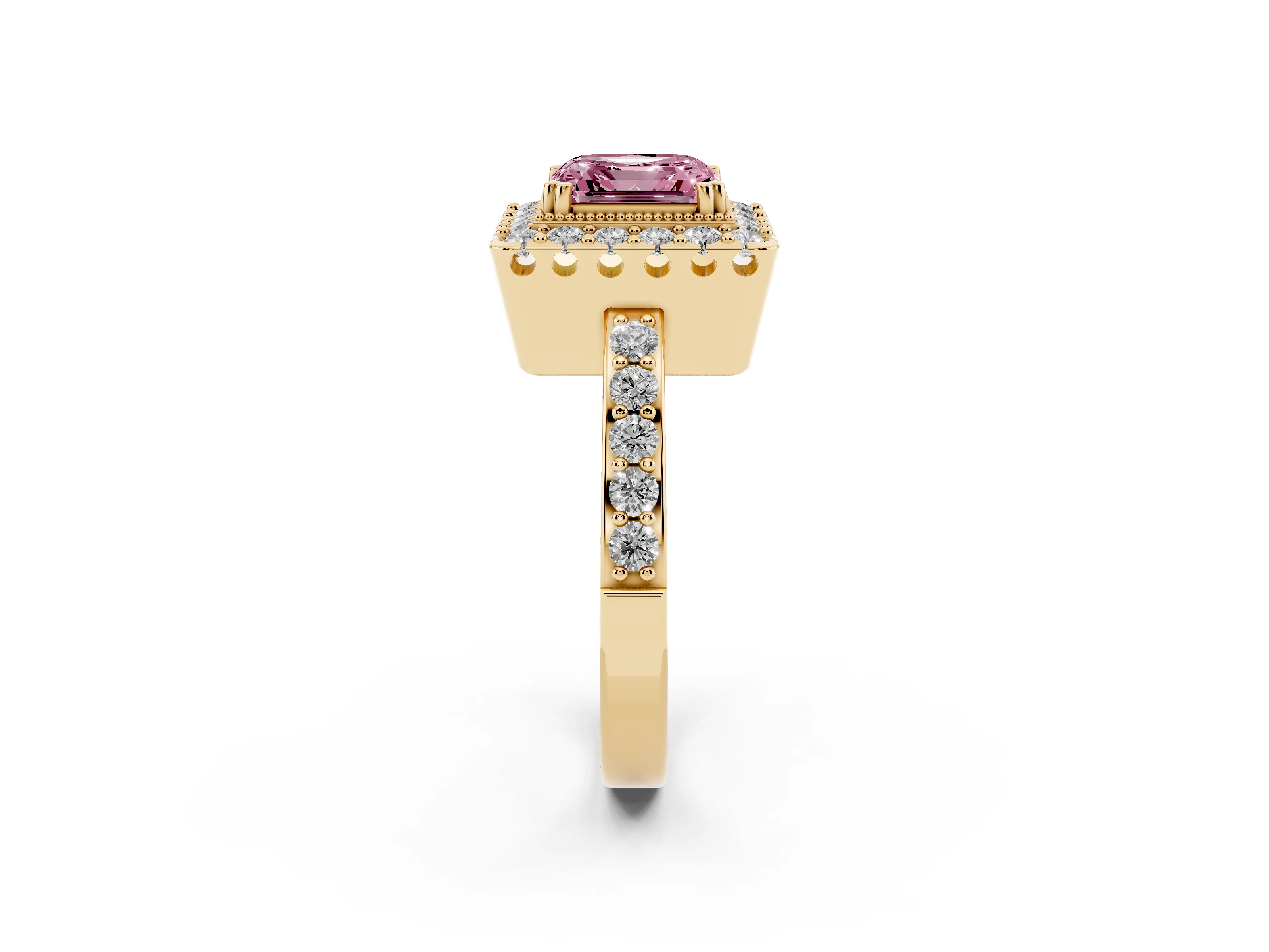 Fancy Pink Asscher Cut Diamond Halo Ring Set in Yellow gold with Pavé Shank and Prong Setting