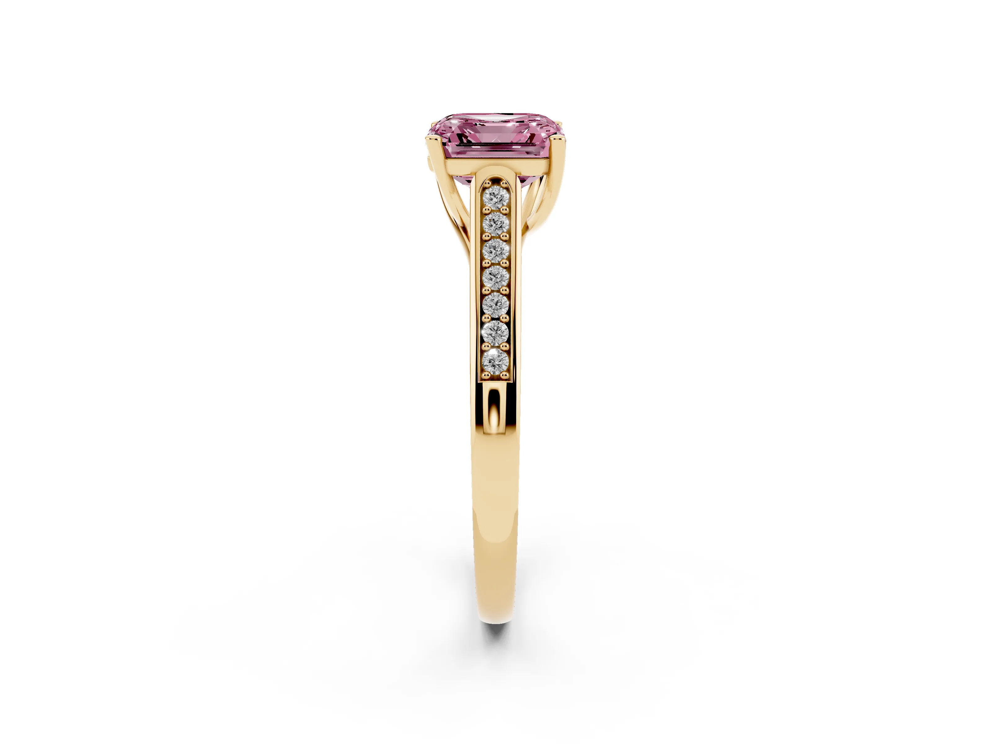 Fancy Pink Asscher Cut Diamond Solitaire Cathedral Engagement Ring Set in Yellow gold with Channel-Set Band and Prong Setting