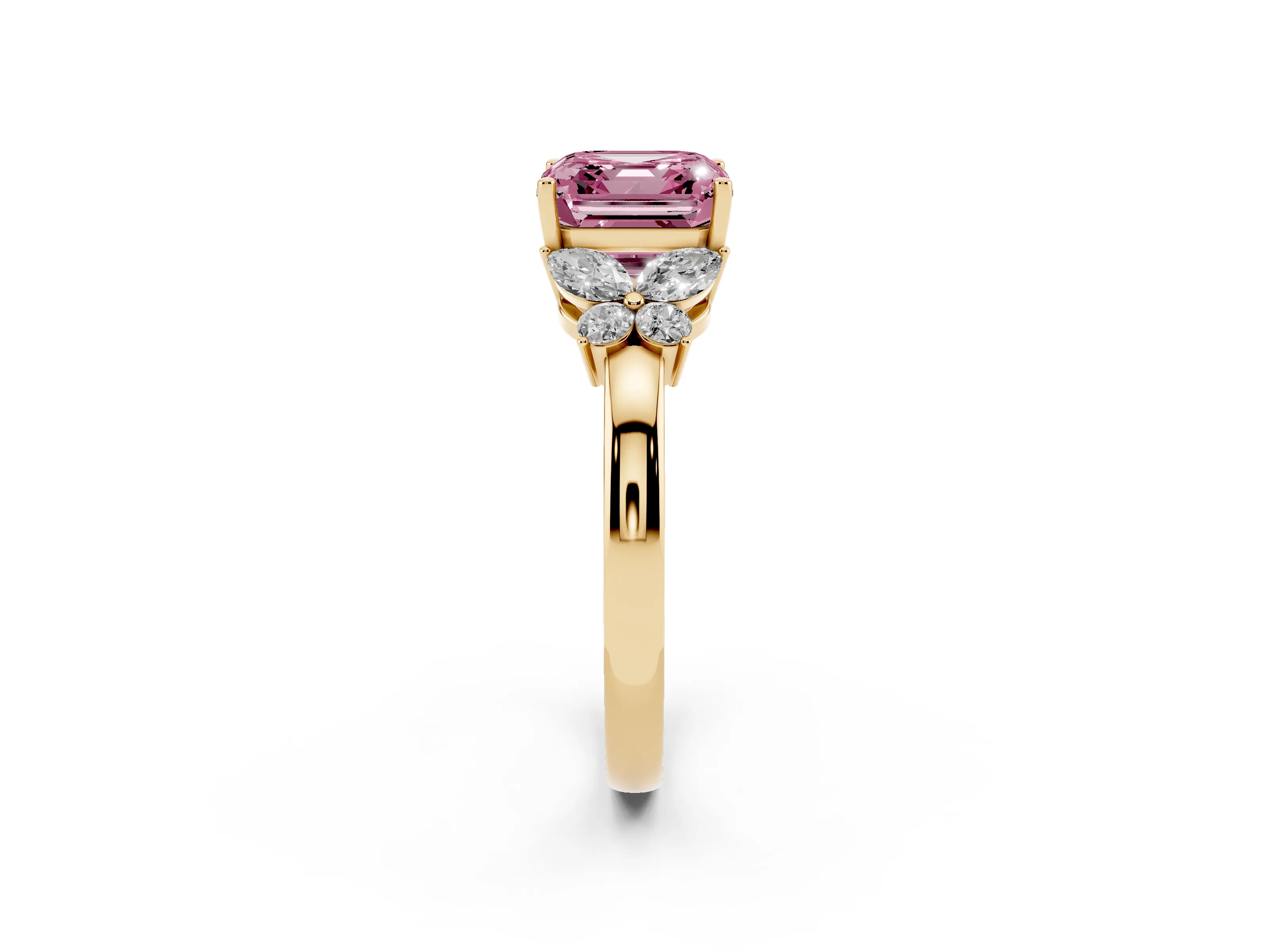 Fancy Pink Asscher Cut Diamond Solitaire Floral Ring Set in Yellow gold with Marquise Petals and Prong Setting