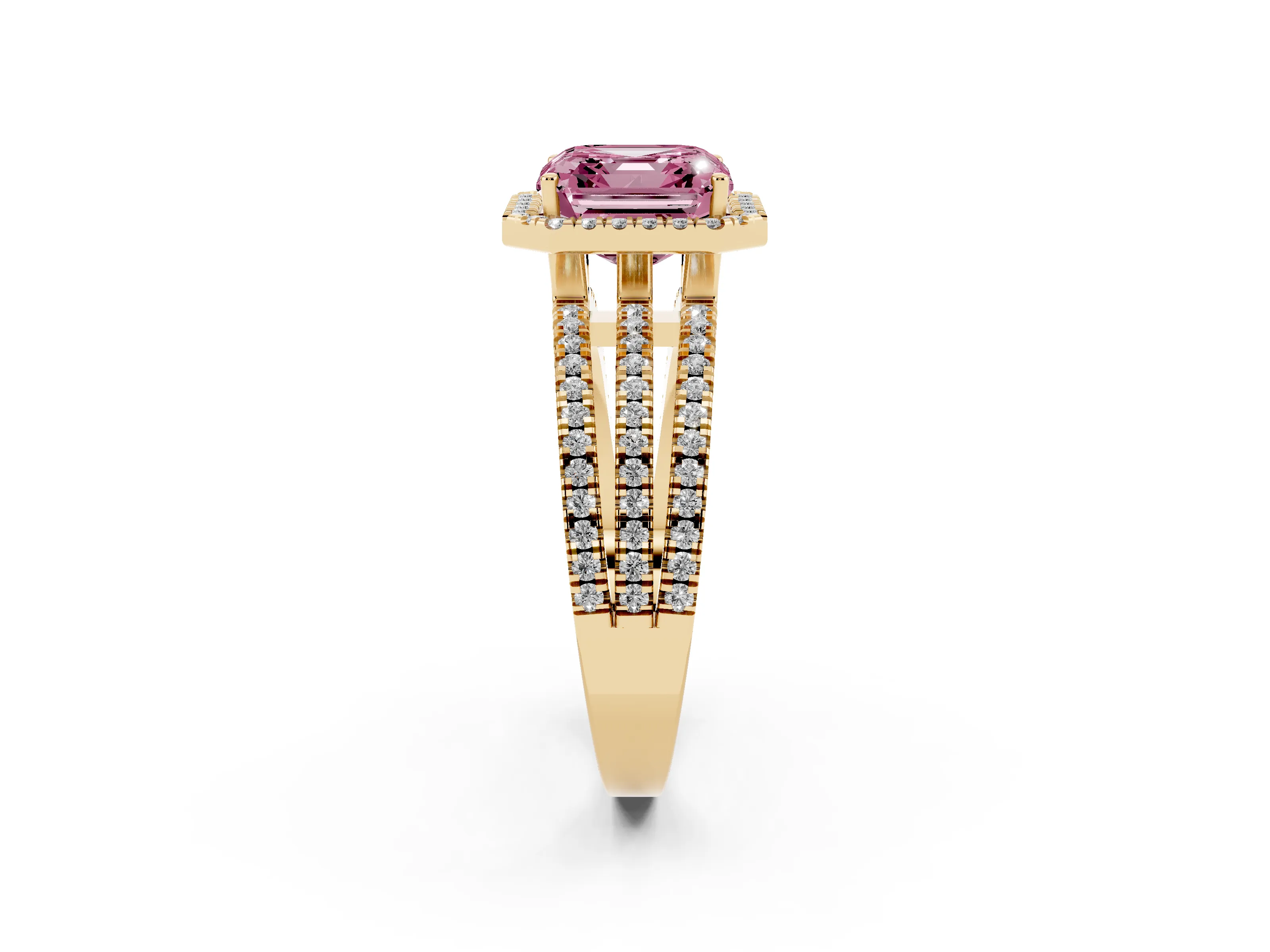 Fancy Pink Asscher Cut Diamond Halo Split Shank Engagement Ring Set in Yellow gold with Prong Setting