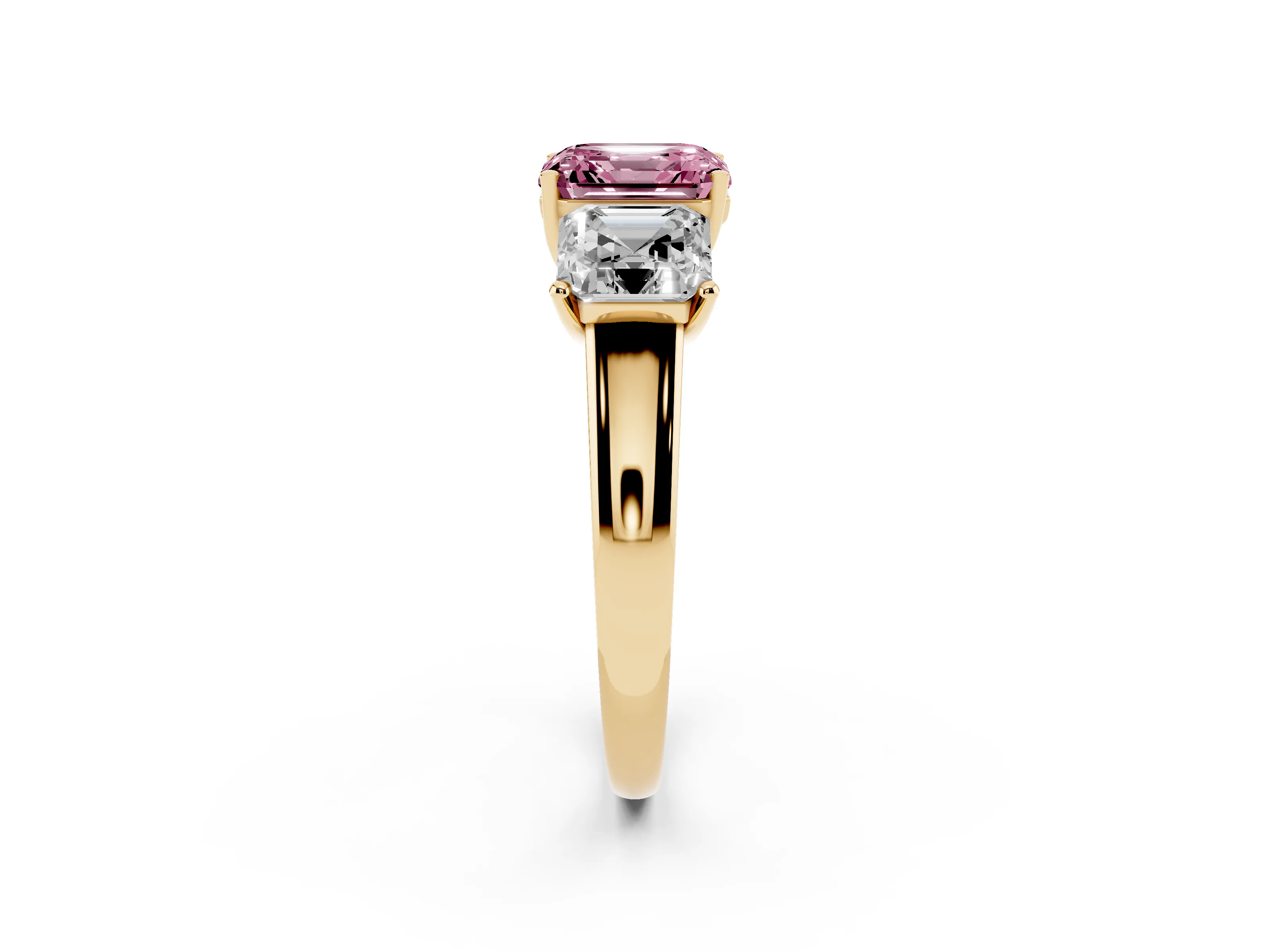 Fancy Pink Asscher Cut Diamond Three-Stone Ring Set in Yellow gold with Classic Prong Setting and Plain Band