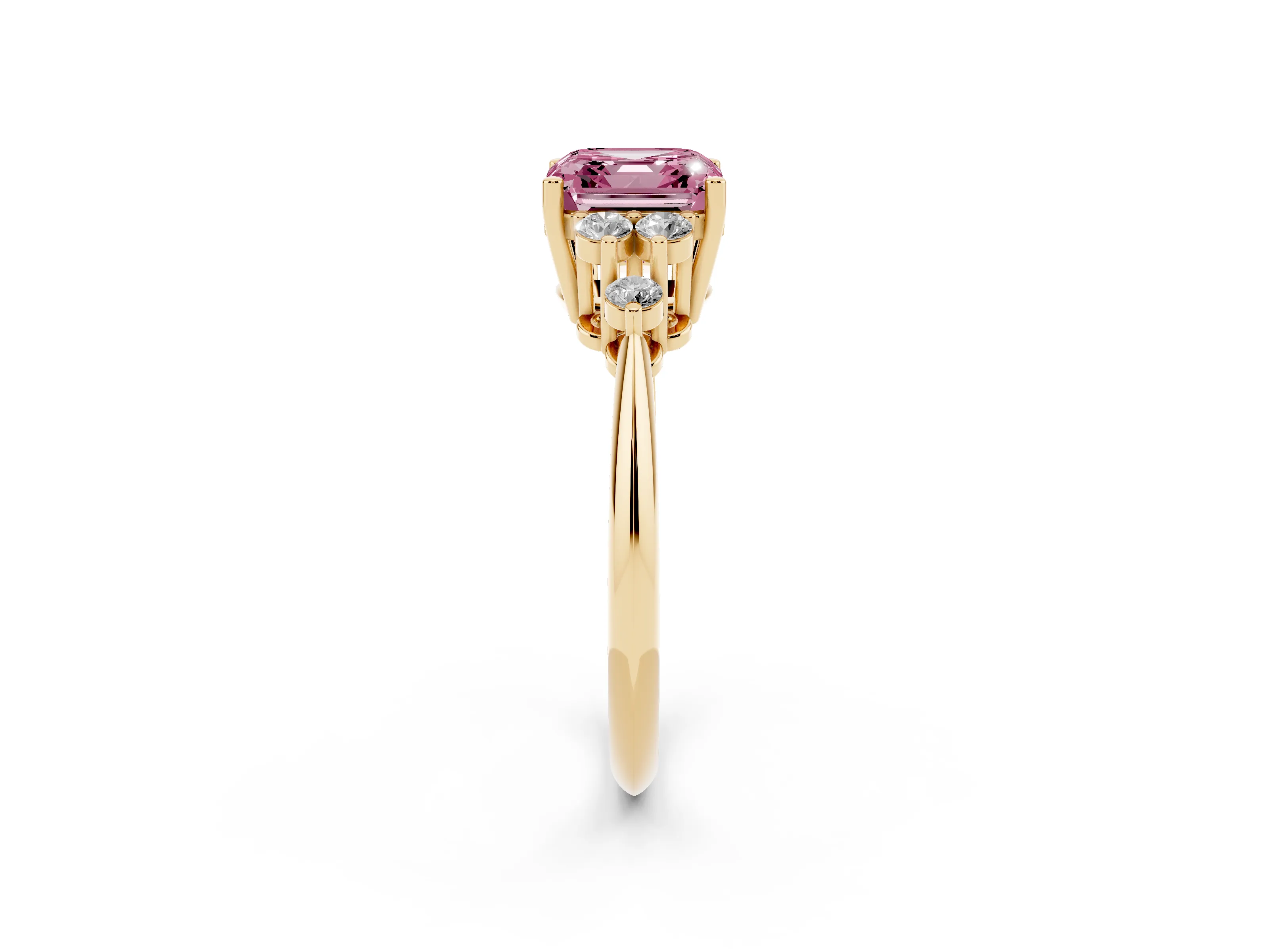 Fancy Pink Asscher Cut Diamond Cluster Ring Set in Yellow gold with Plain Band and Prong Setting