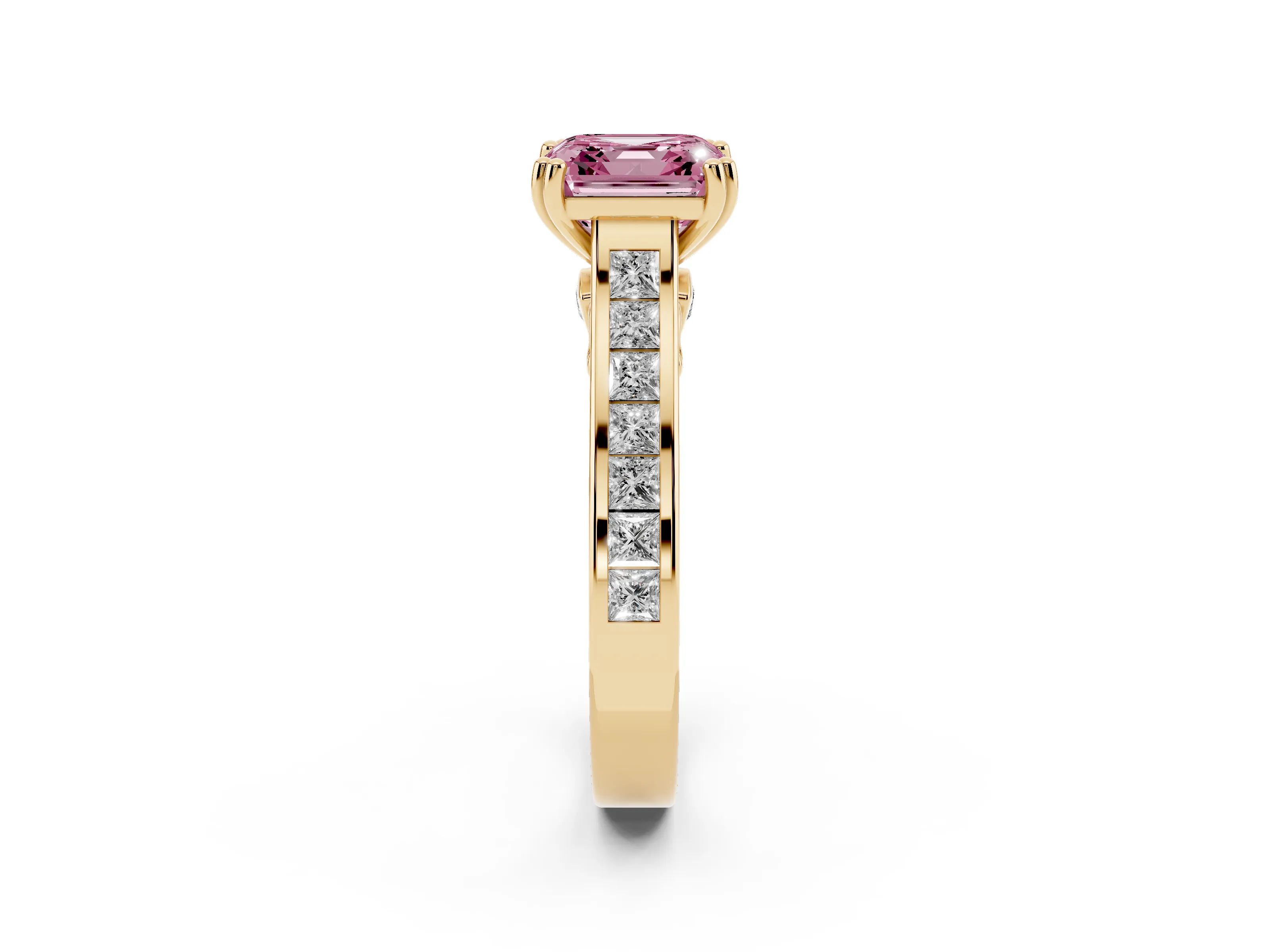Fancy Pink Asscher Cut Diamond Channel Set Solitaire Engagement Ring Set in Yellow gold with Prong Setting