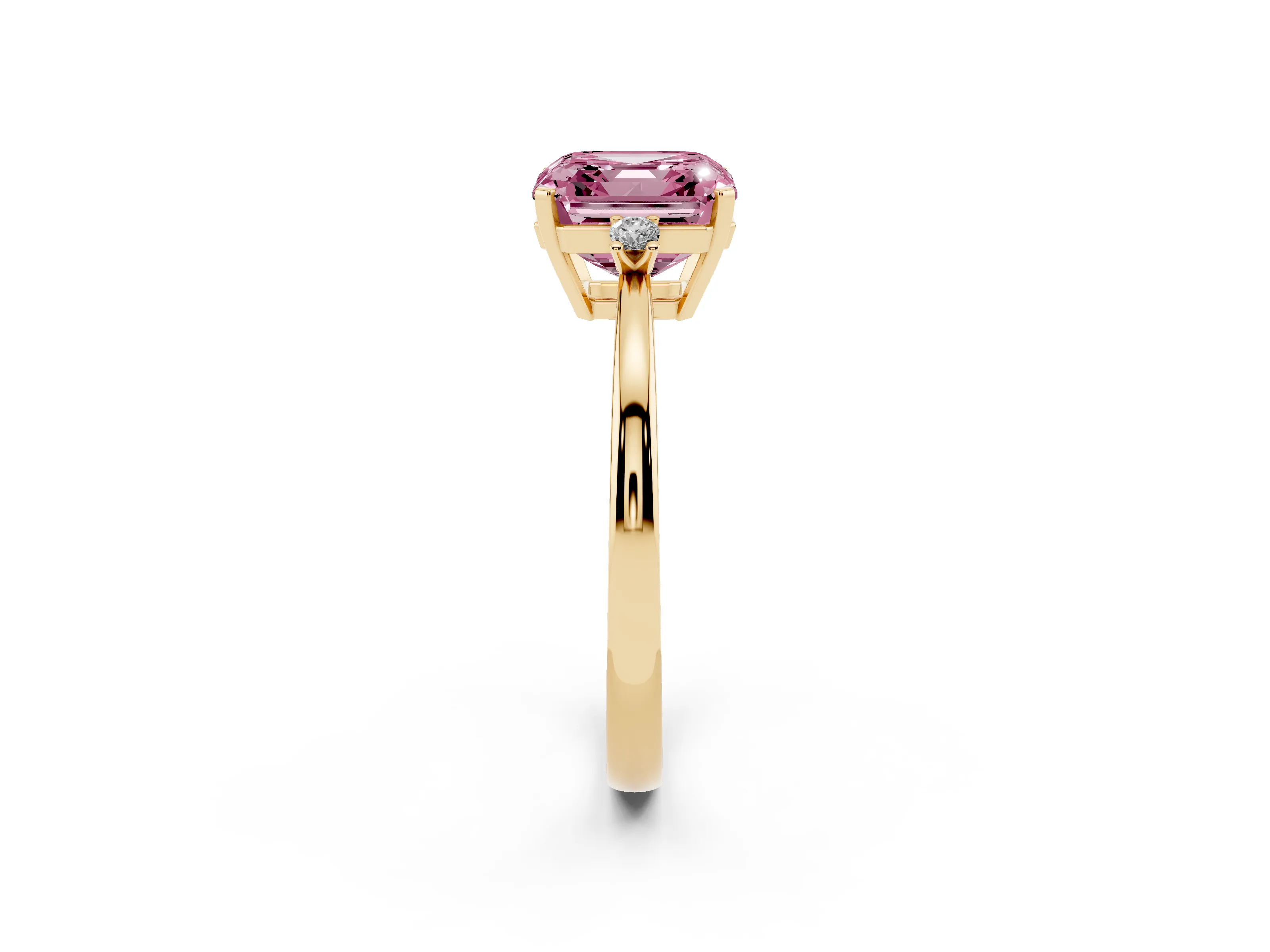 Fancy Pink Three-Stone Asscher Cut Diamond Solitaire Ring Set in Yellow gold with Round Accent Stones and Prong Setting