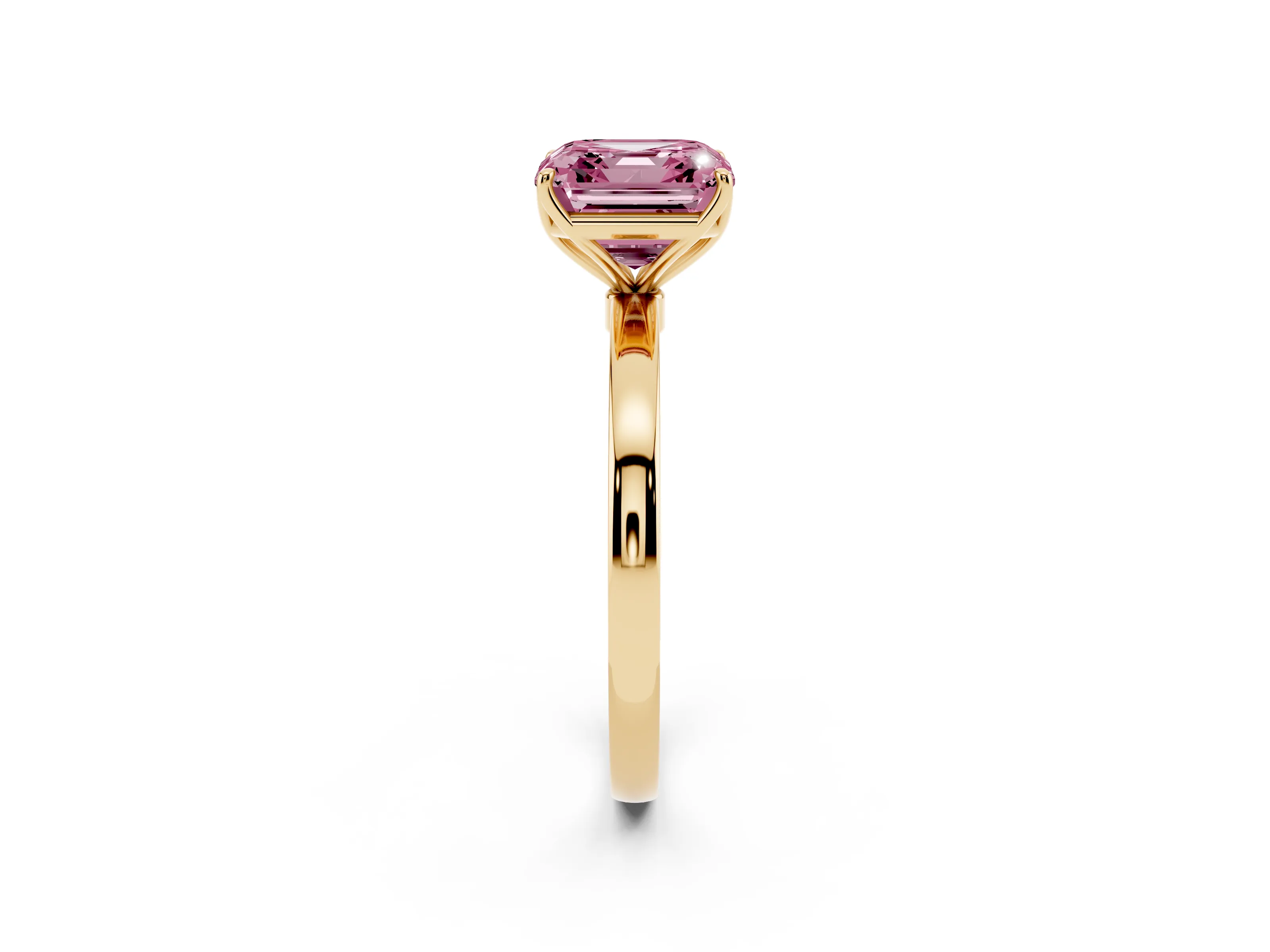 Fancy Pink Asscher Cut Diamond Solitaire Ring Set in Yellow gold with Prong Setting and Thin Polished Band