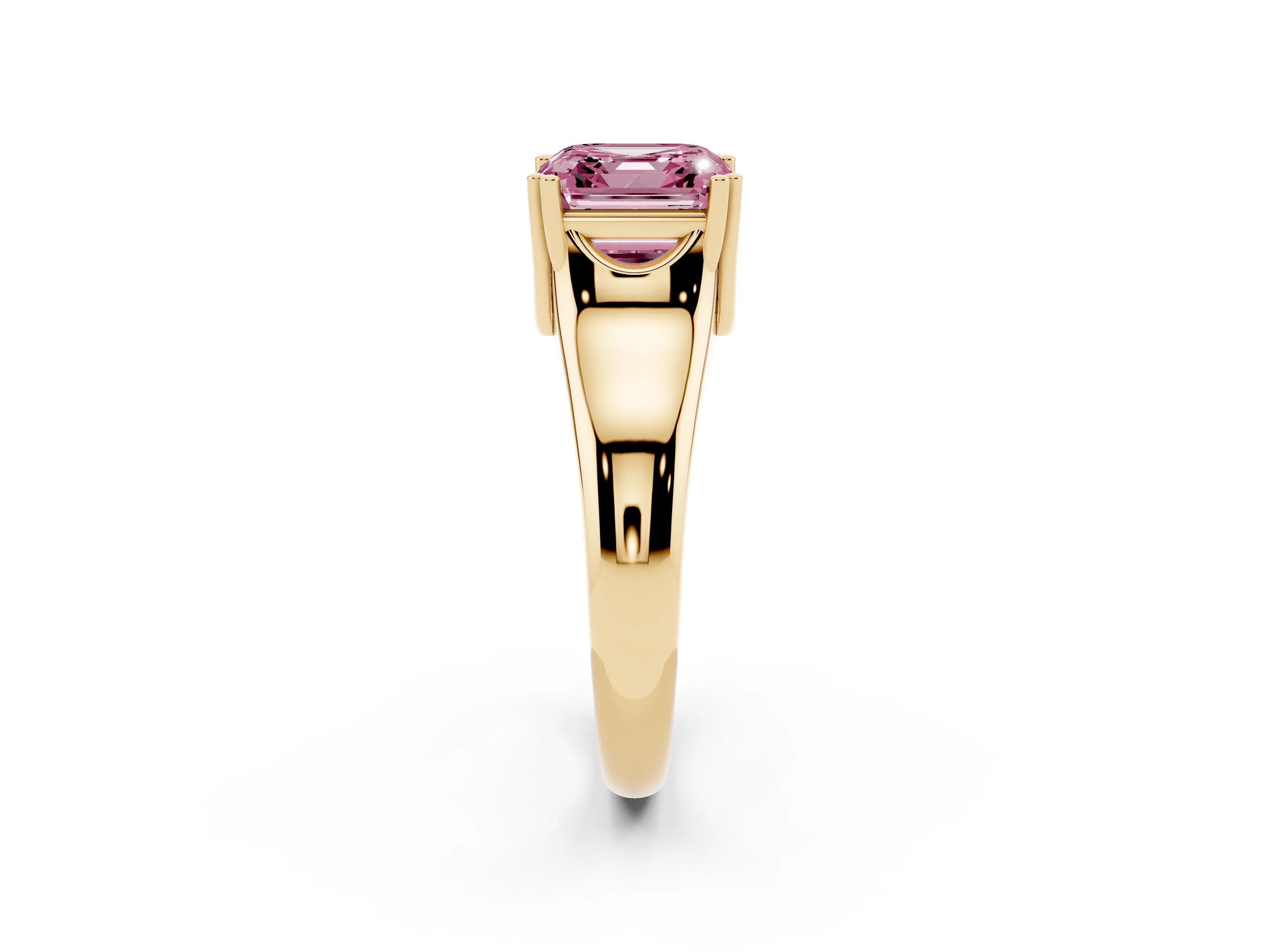 Fancy Pink Asscher Cut Diamond Solitaire Ring Set in Yellow gold with Wide Band and Prong Setting
