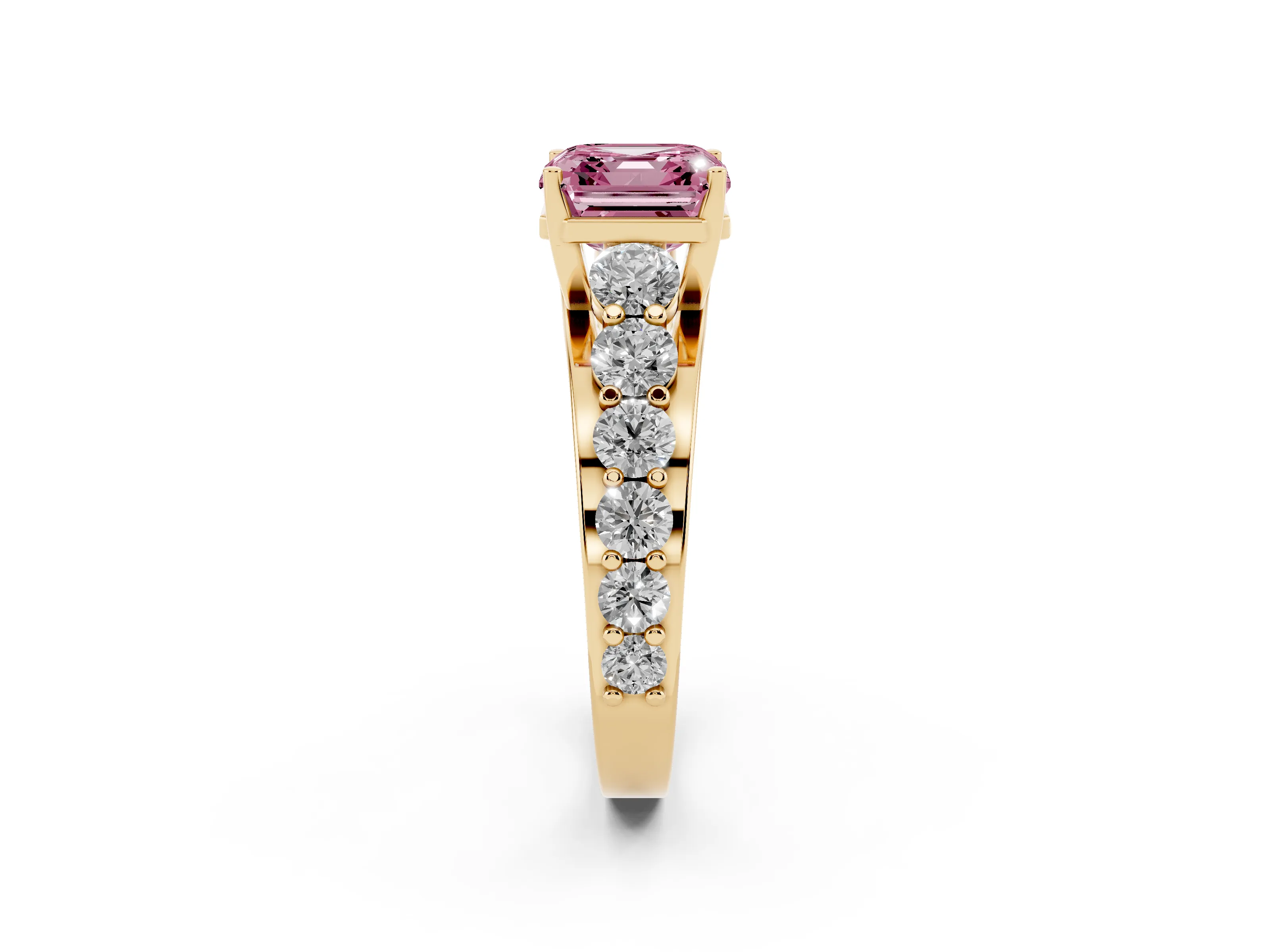 Fancy Pink Asscher Cut Diamond Pavé Engagement Ring Set in Yellow gold with Prong Setting
