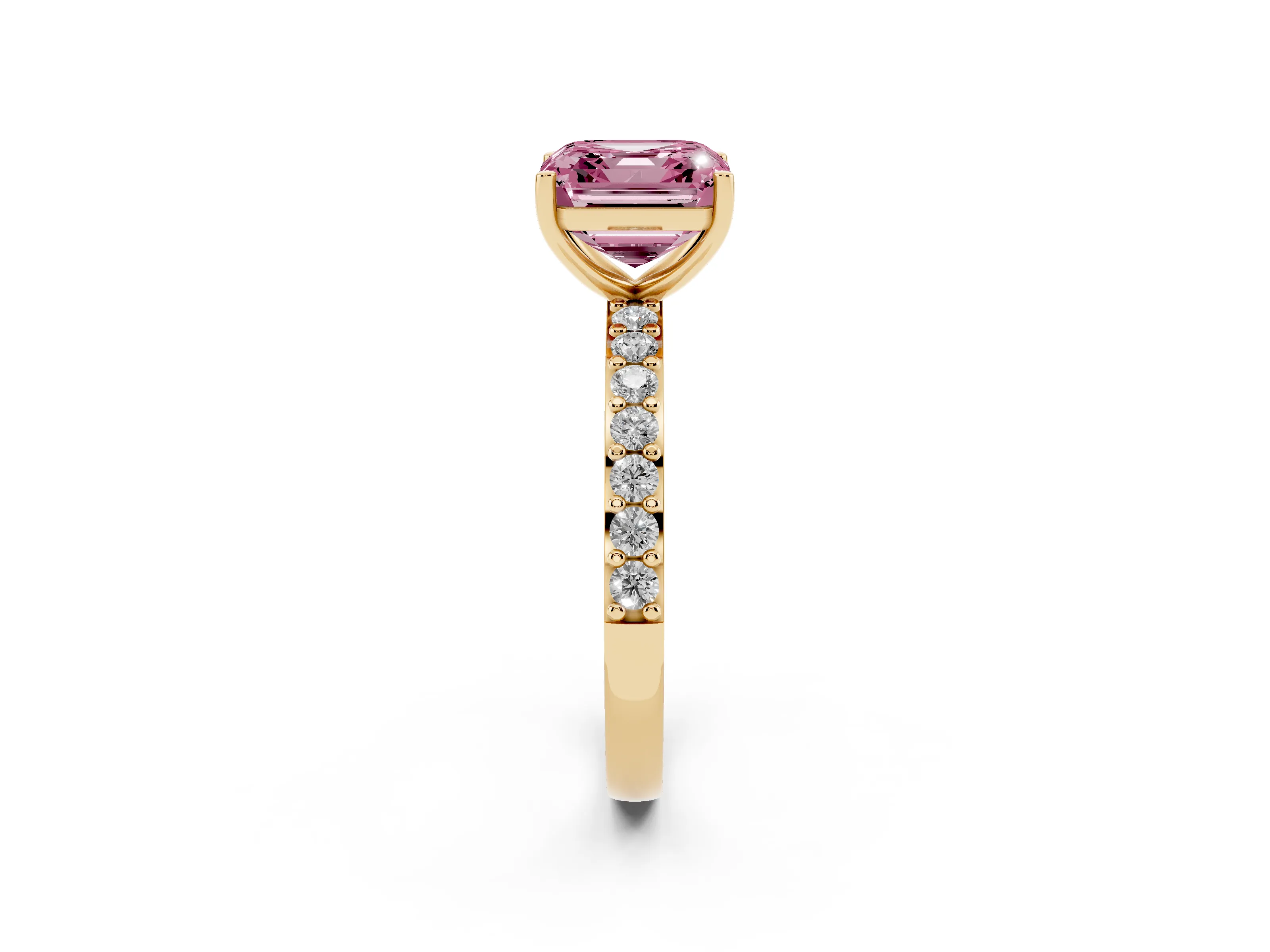 Fancy Pink Asscher Cut Diamond Solitaire Set in Yellow gold with Round Pavé Band and Prong Setting