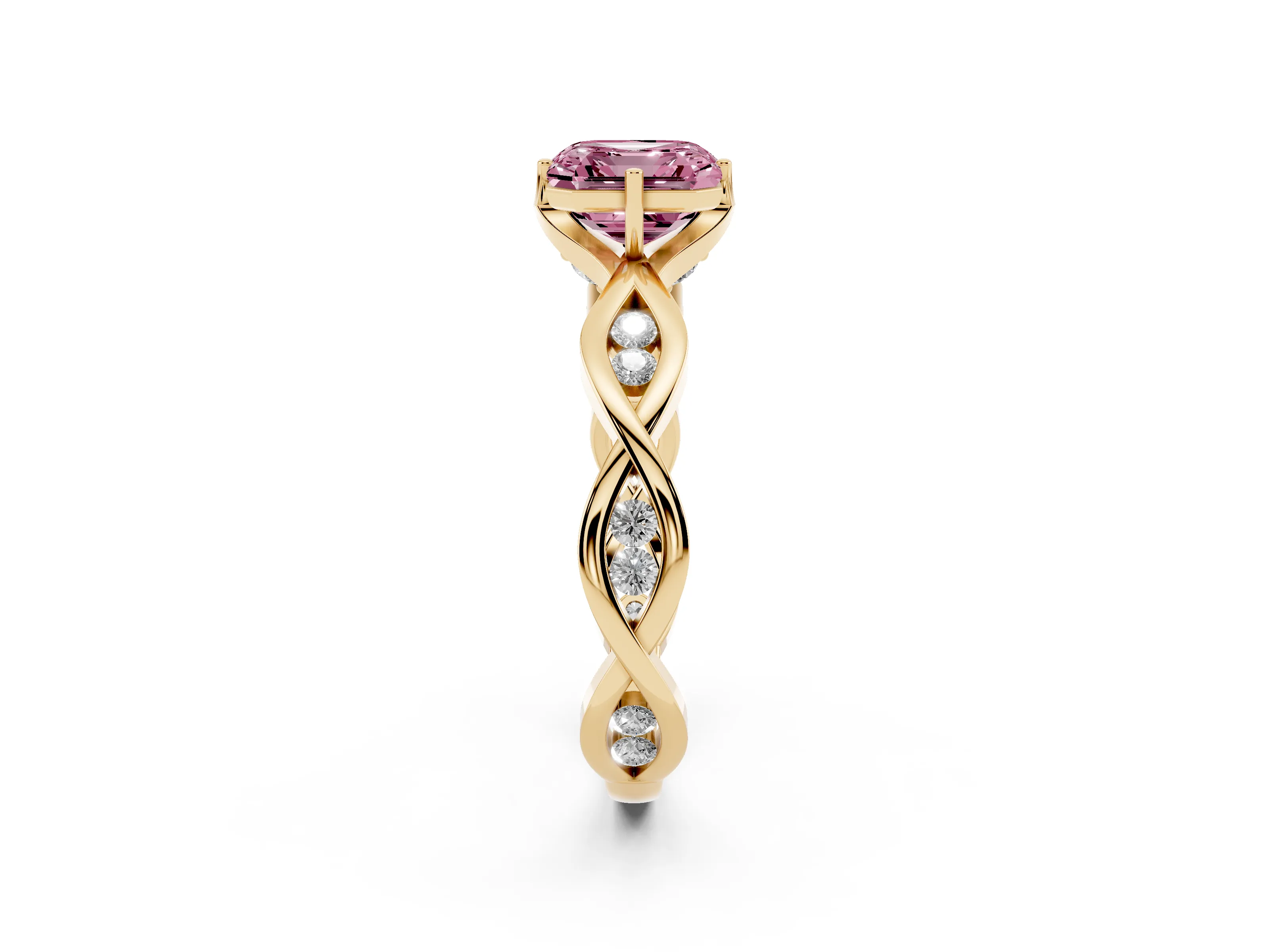 Fancy Pink Asscher Cut Diamond Twist Band Solitaire Ring Set in Yellow gold with Leaf Prong Setting and Accent Stones