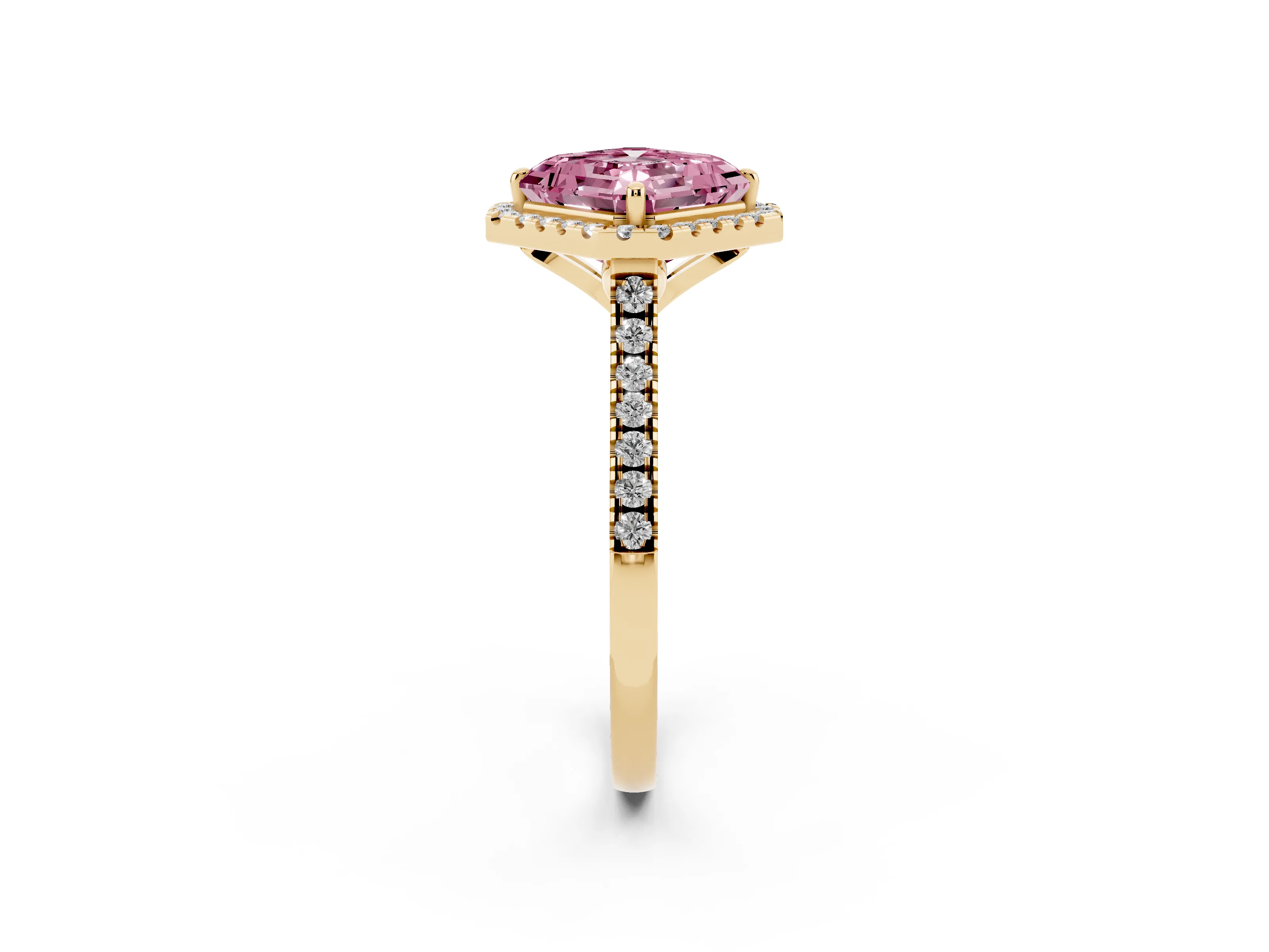 Fancy Pink Asscher Cut Diamond Cushion Halo Ring Set in Yellow gold with Pavé Band