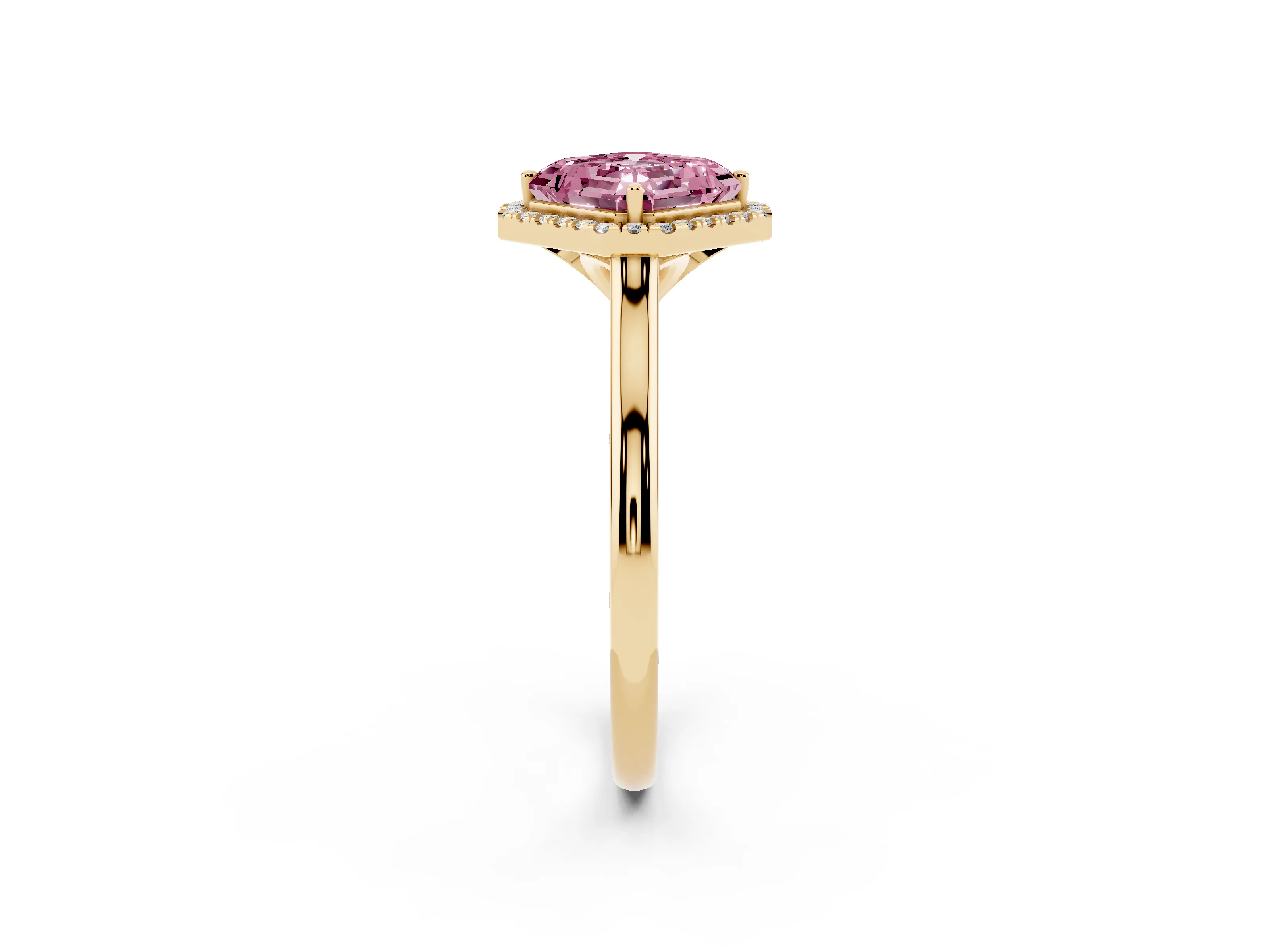 Fancy Pink Asscher Cut Diamond Halo Engagement Ring Set in Yellow gold with Pavé Band and Rising Shoulders