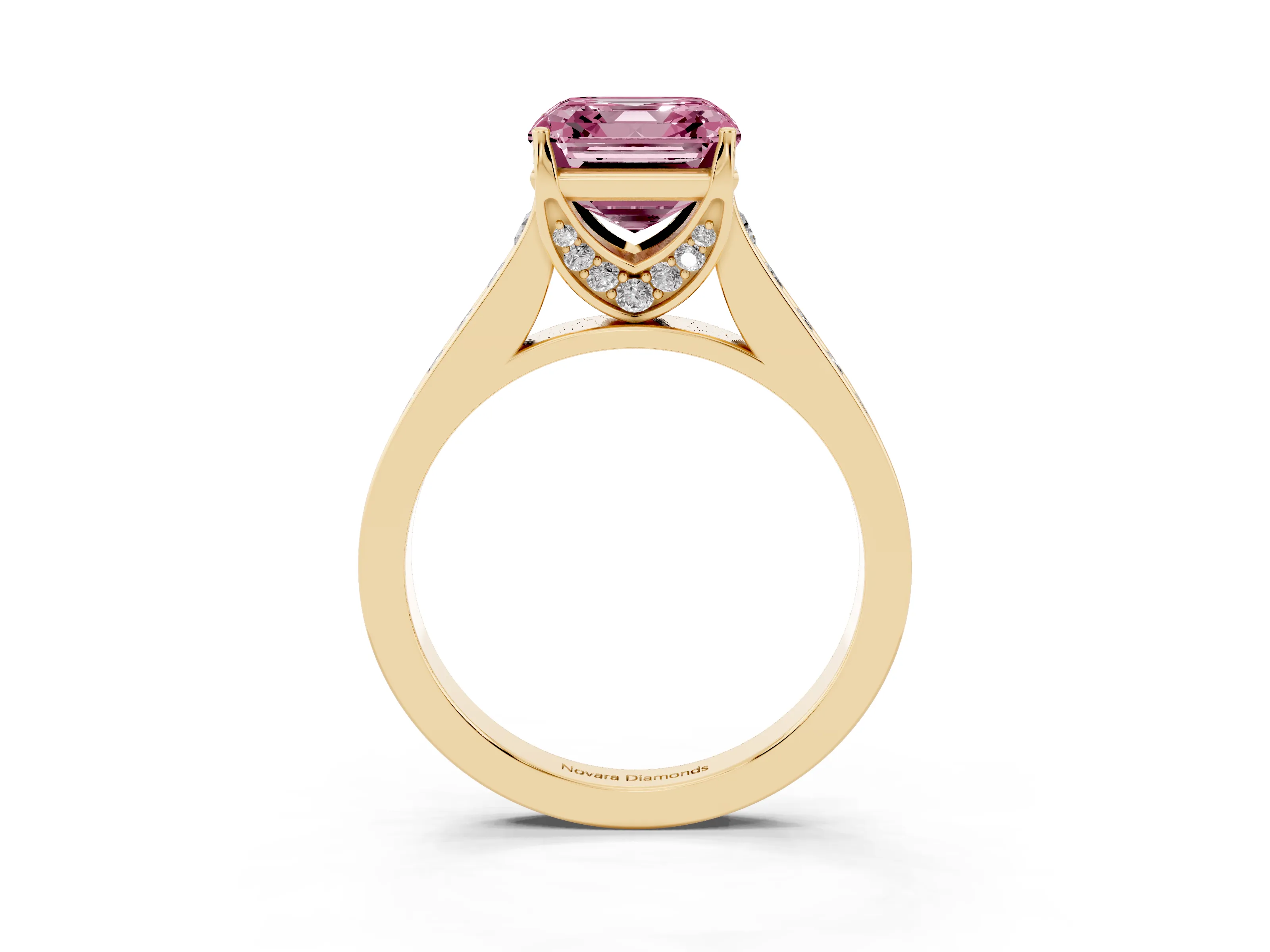 Fancy Pink Asscher Cut Diamond Solitaire Pavé Engagement Ring Set in Yellow gold with Prong Setting