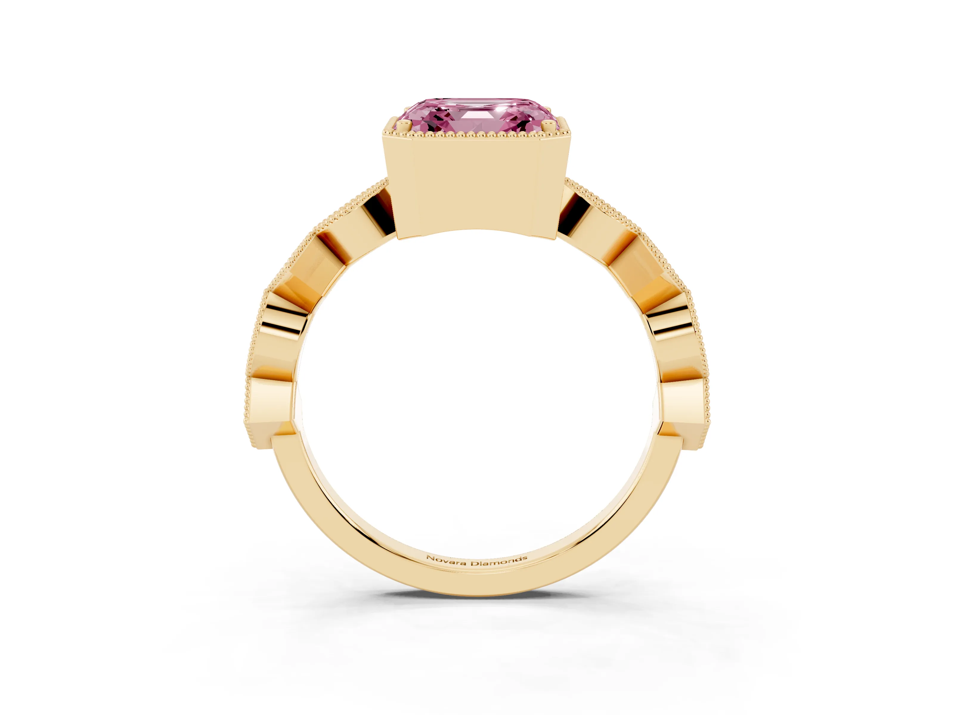 Fancy Pink Asscher Cut Diamond Milgrain Marquise Twist Band Ring Set in Yellow gold with Prong Setting