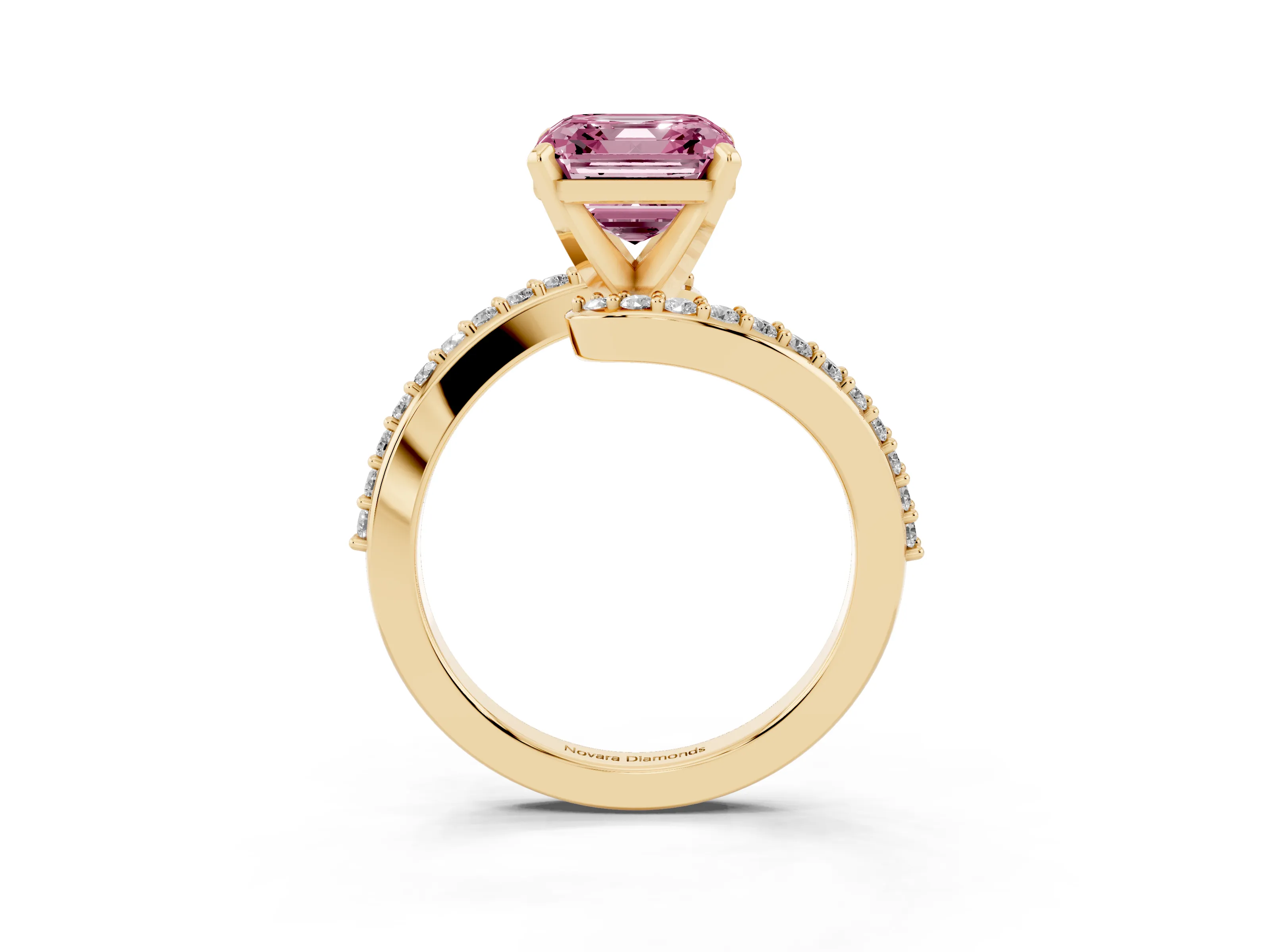 Fancy Pink Asscher Cut Diamond Solitaire Ring Set in Yellow gold with Pavé Twist Band and Prong Setting