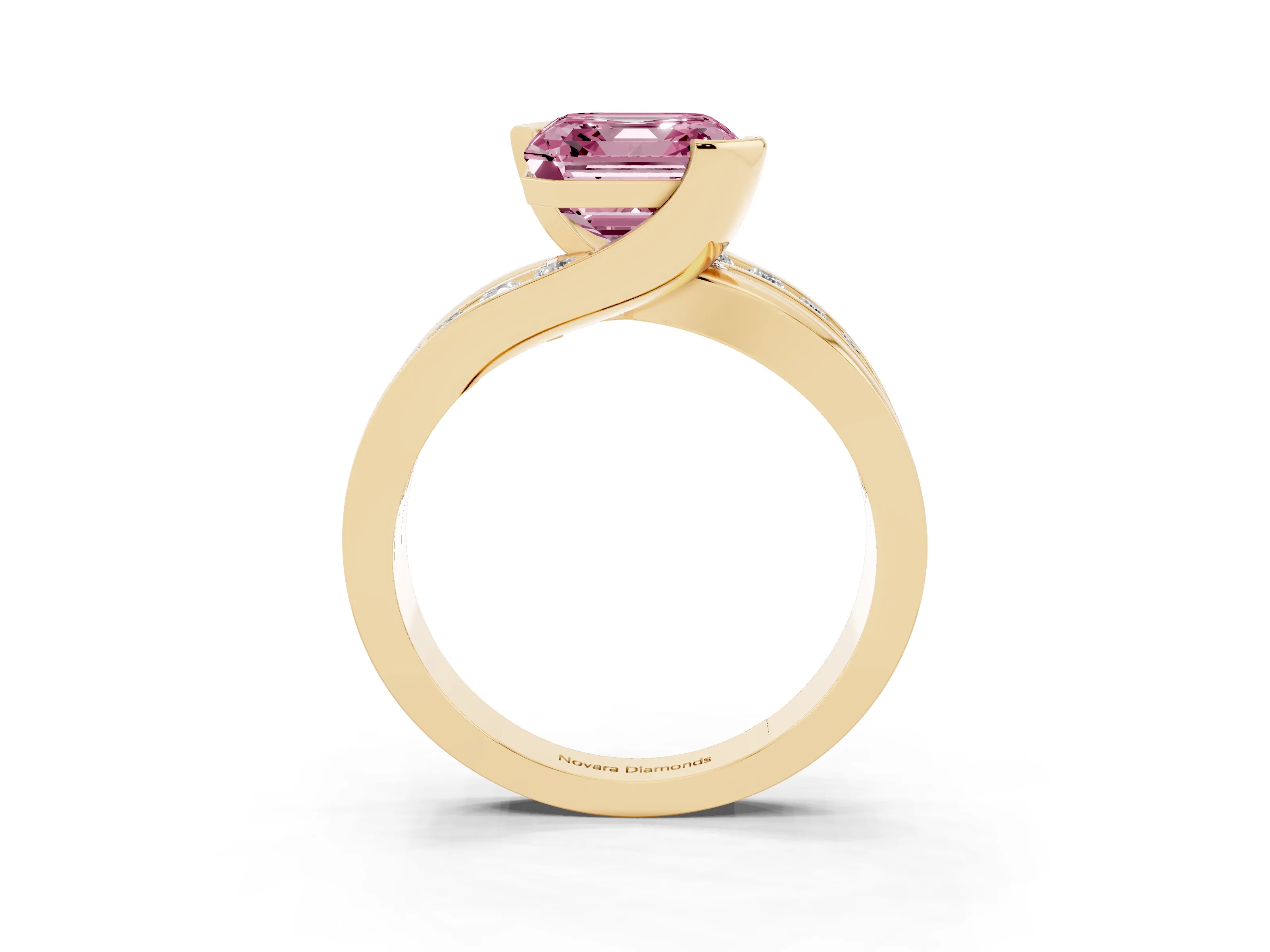 Fancy Pink Asscher Cut Diamond Solitaire Ring Set in Yellow gold with Channel Set Split Shank and Tension Prongs