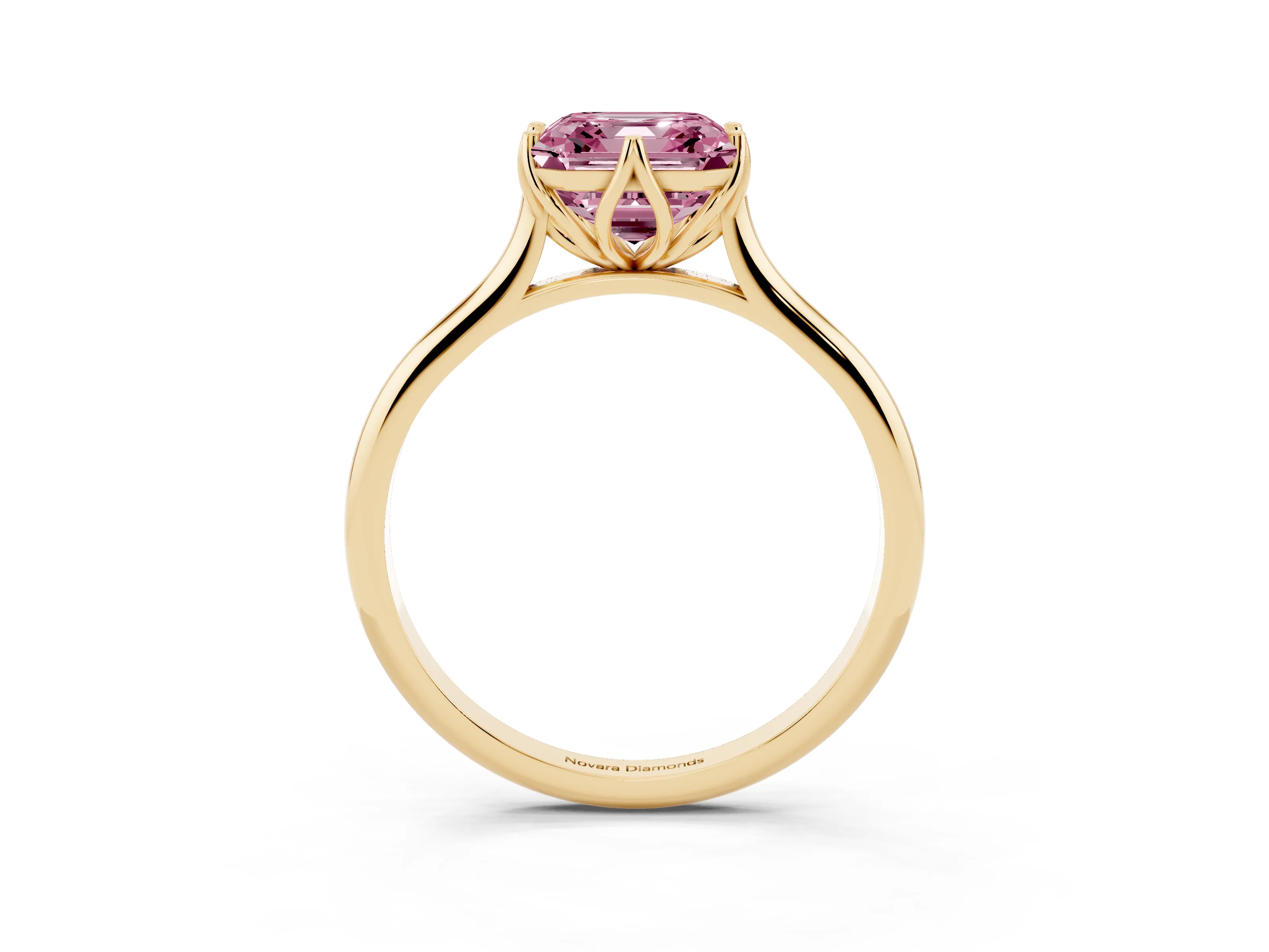Fancy Pink Asscher Cut Diamond Solitaire Cathedral Ring Set in Yellow gold with Prong Setting