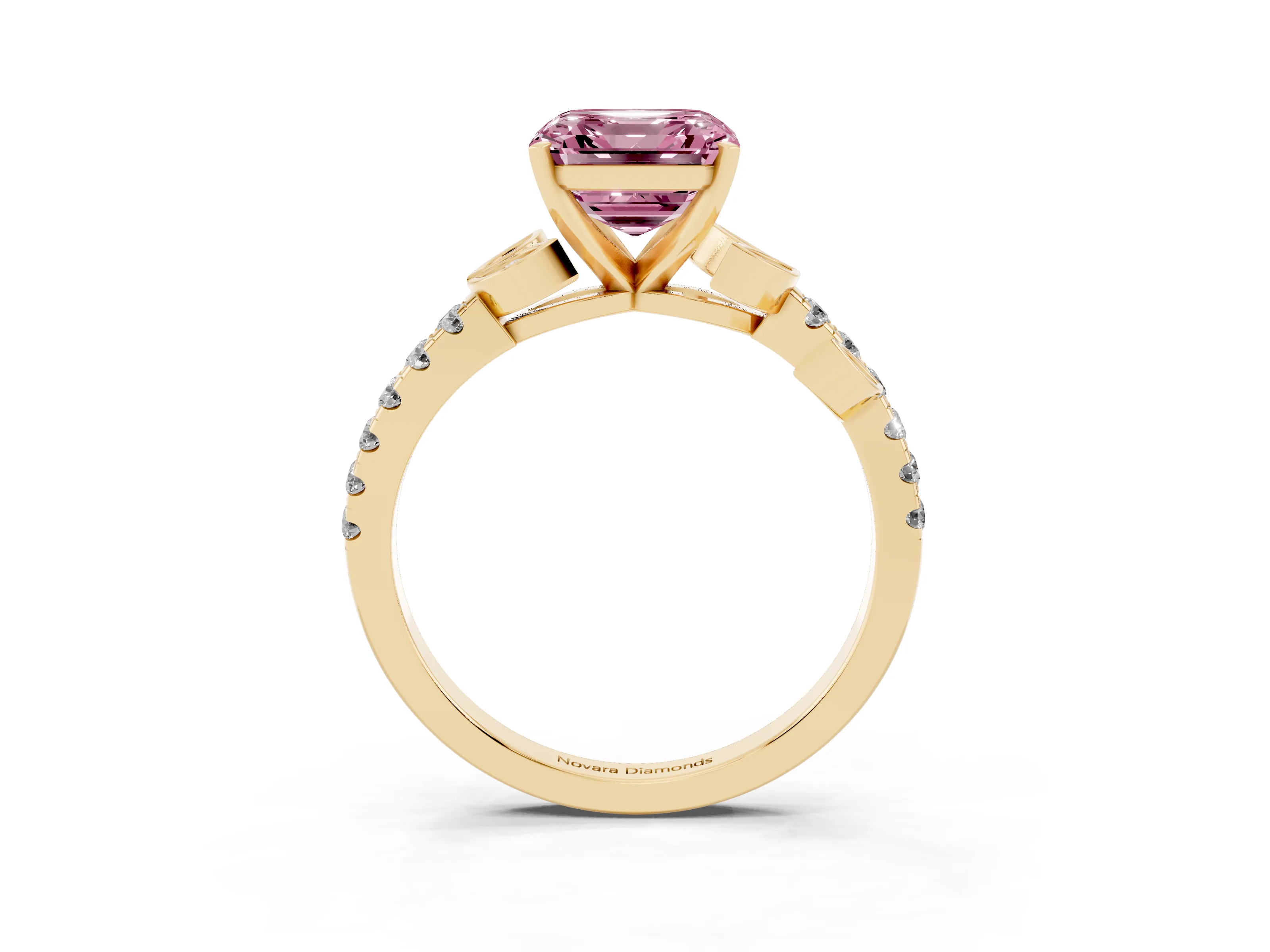 Fancy Pink Asscher Cut Diamond Solitaire Leaf-Inspired Ring Set in Yellow gold with Pavé Band and Prong Setting