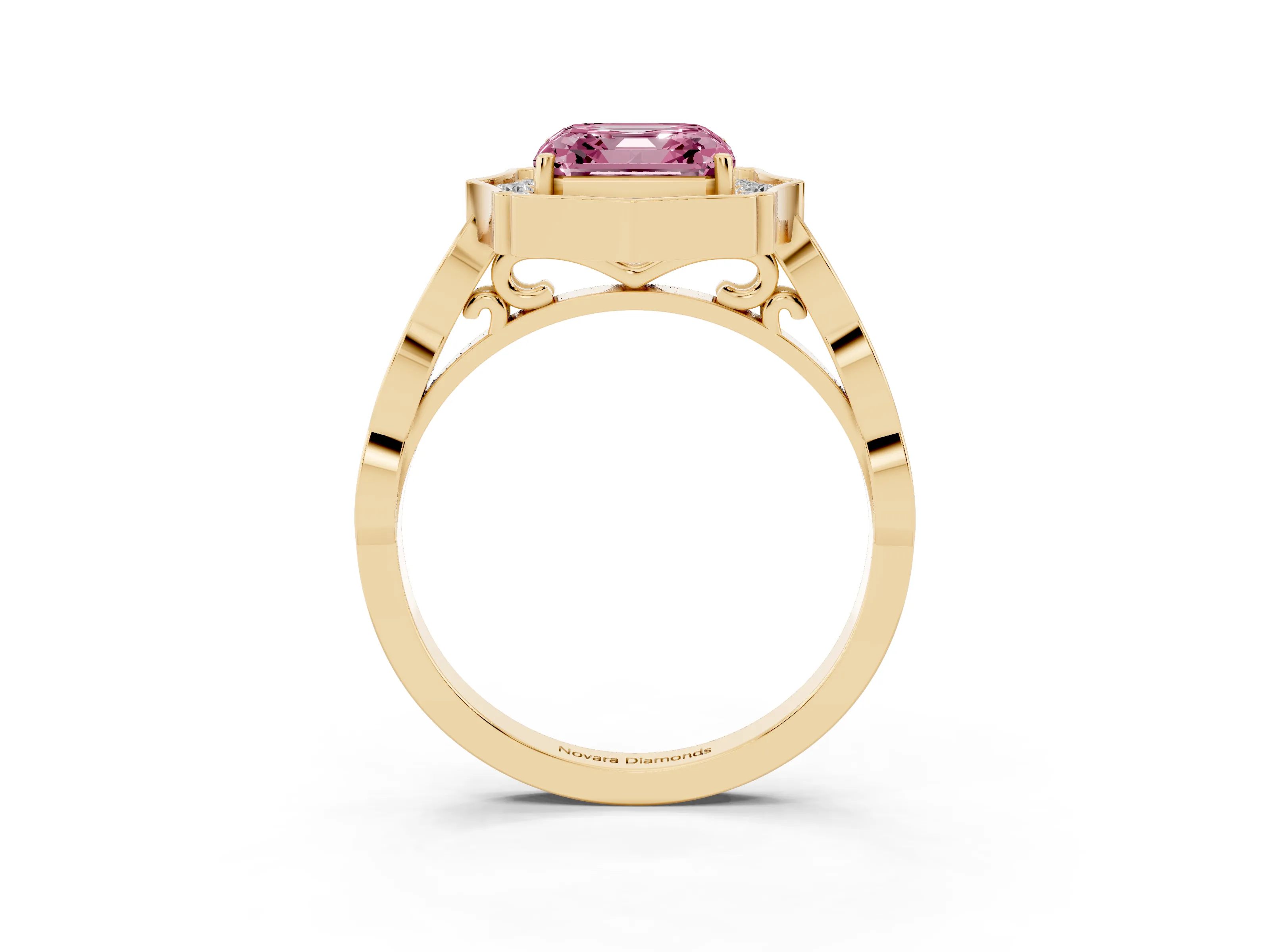 Fancy Pink Asscher Cut Diamond Halo Engagement Ring Set in Yellow gold with Milgrain Band and Prong Setting