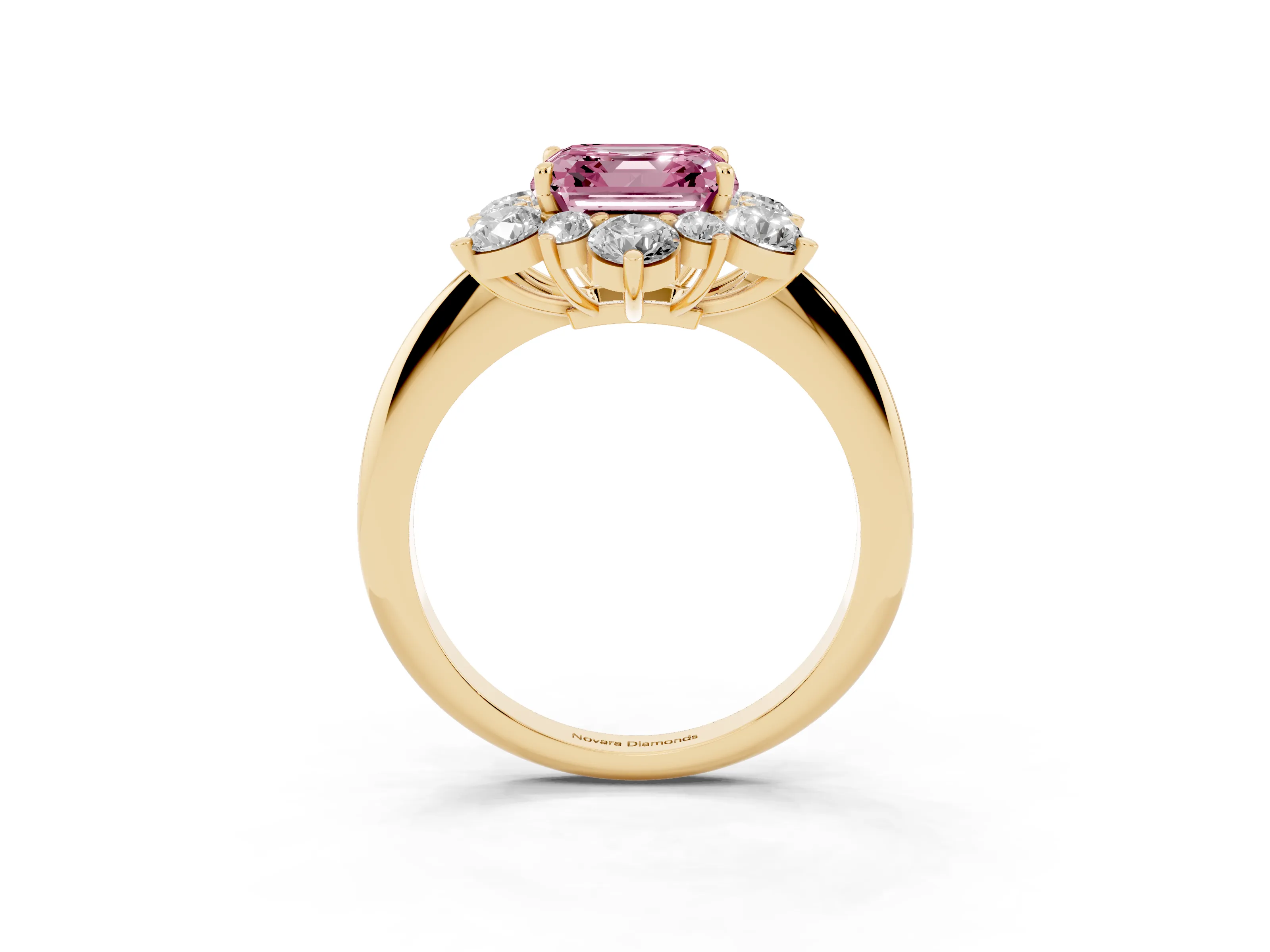 Fancy Pink Asscher Cut Diamond Cluster Halo Ring Set in Yellow gold with Solitaire Band and Prong Setting