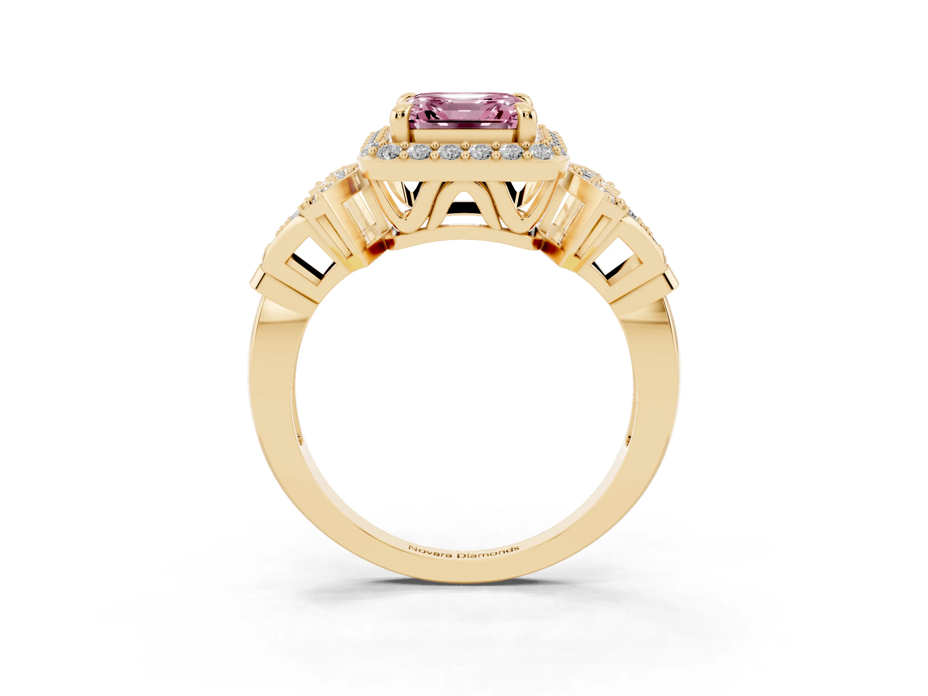 Fancy Pink Asscher Cut Diamond Halo Engagement Ring Set in Yellow gold with Accent Stone Split Shank
